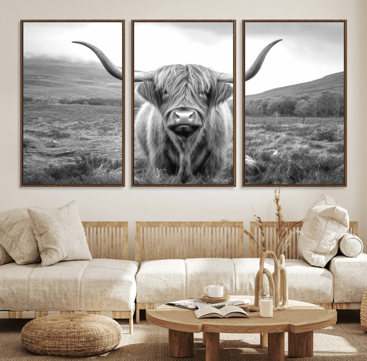 52903-MGV-FC-60X30-3P_Walnut-Black White Scottish Highland Cow Canvas Farm Wall Art Canvas Print Rustic Animal Art for Home, Office Decor