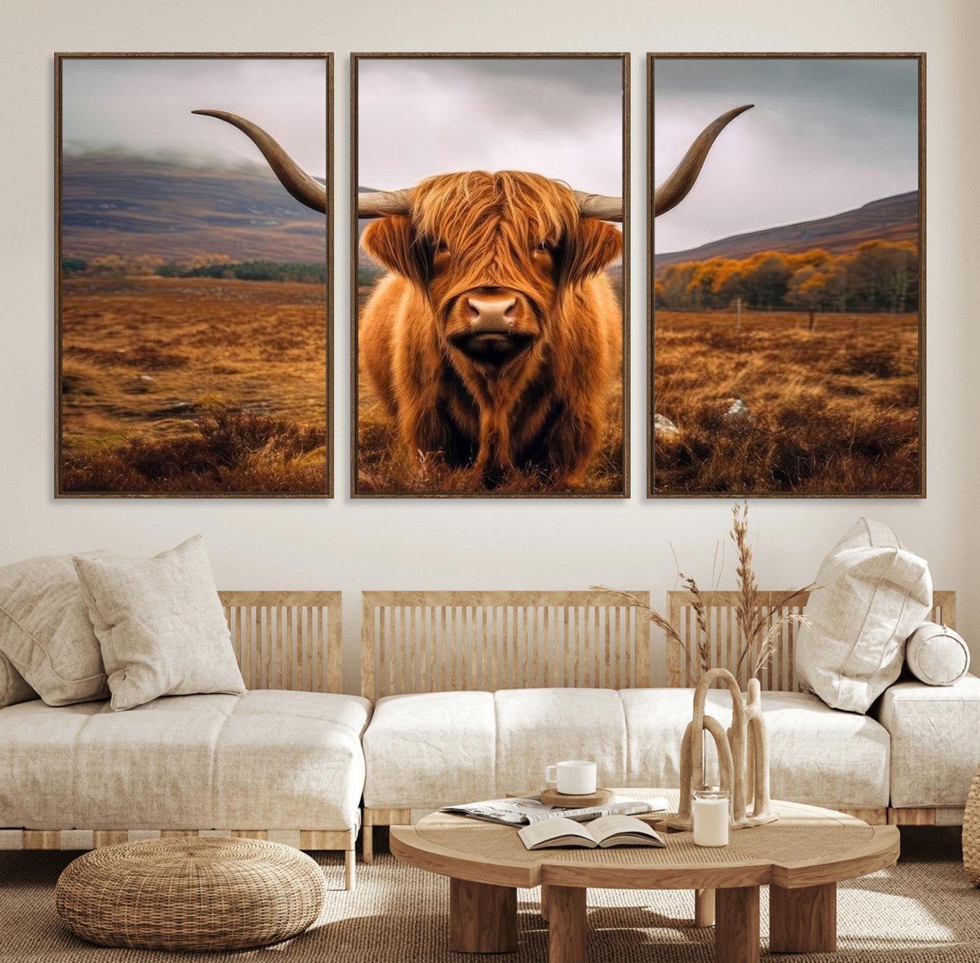 -Highland Cow Longhorn Wall Art – Rustic Canvas Print, Framed and Ready to Hang for Farmhouse Décor
