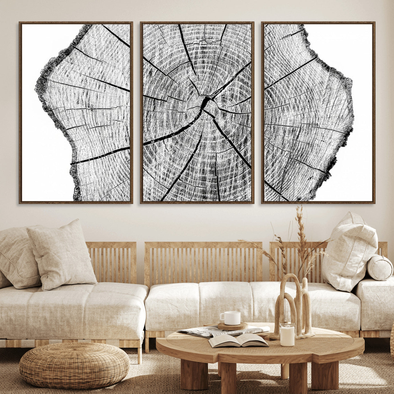 98709-MGV-FC-60X30-3P_Walnut-Rustic Tree Ring Wall Art Canvas Print – Framed and Ready to Hang – Perfect for Nature-Inspired and