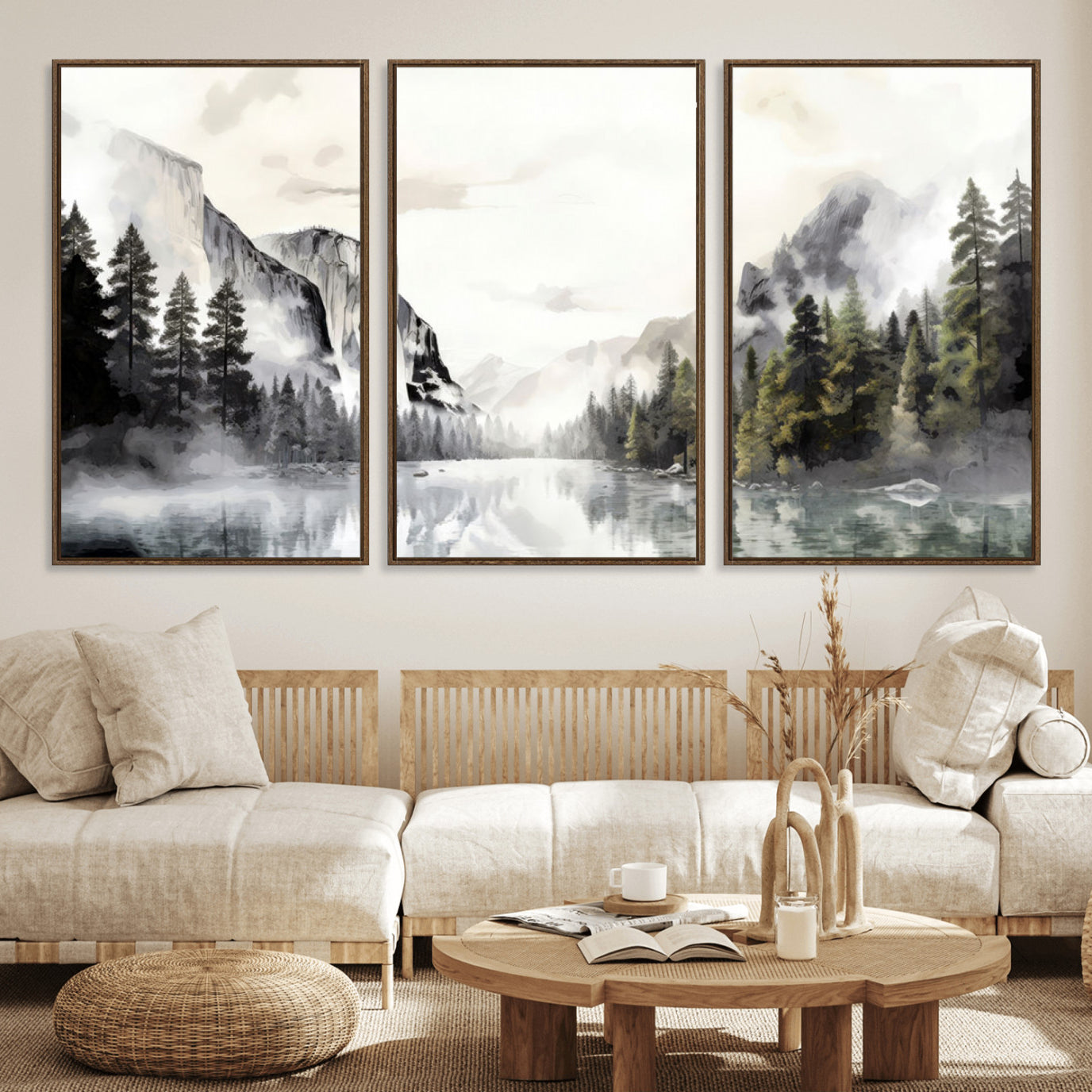 27364-MGV-FC-60X30-3P_Walnut-Yosemite Valley Wall Art Canvas Print – Framed and Ready to Hang – Majestic Nature Landscape Décor