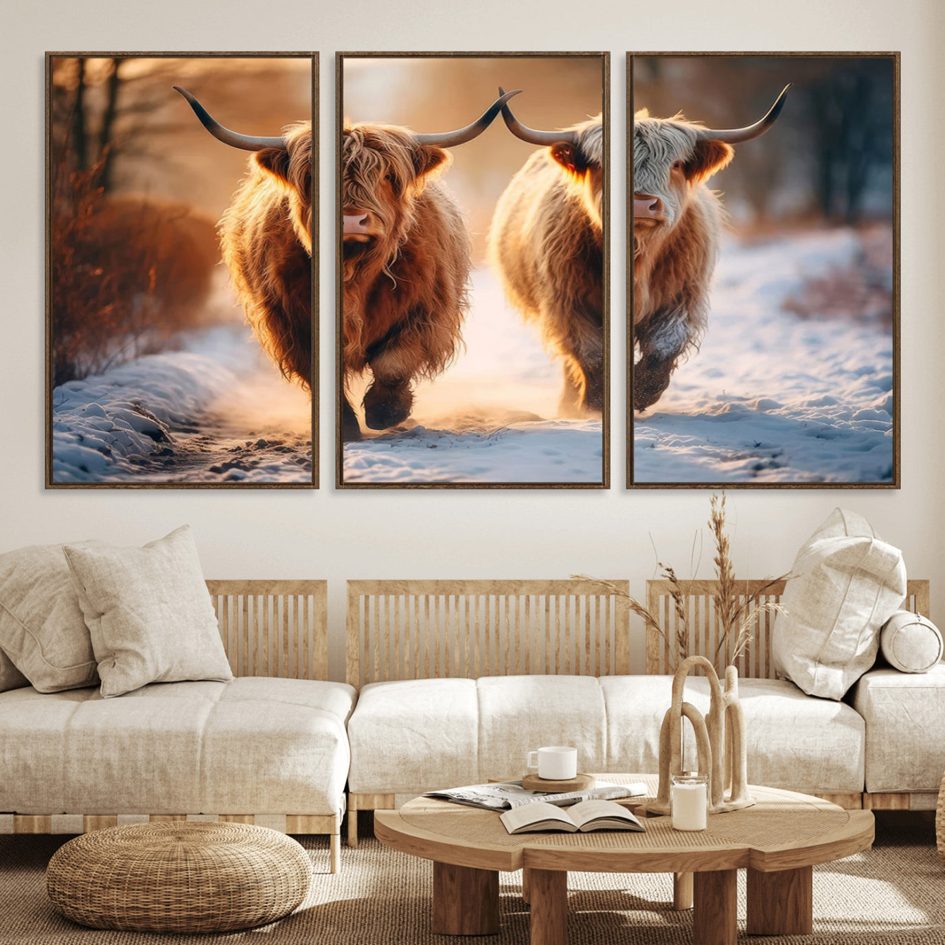 94810-MGV-FC-60X30-3P_Walnut-Scottish Highland Cow Horn Farm Wall Art Canvas Print