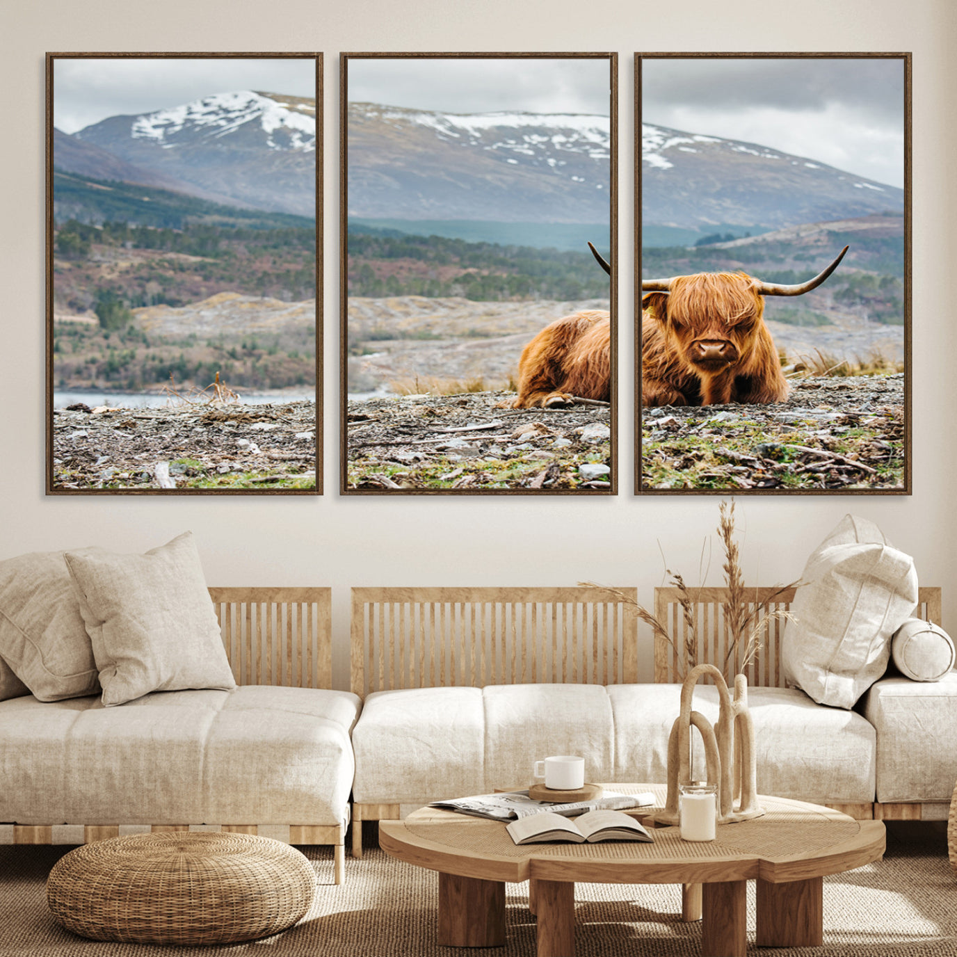80252-MGV-FC-60X30-3P_Walnut-Highland Cow Horn Farm Wall Art Canvas Print