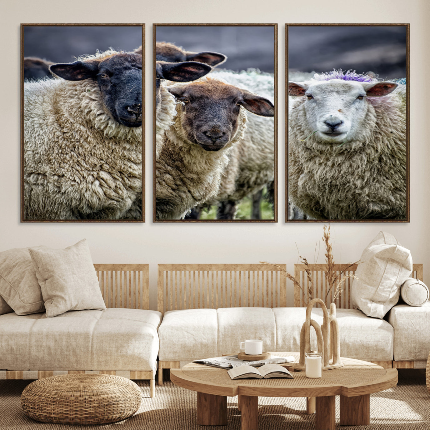 18418-MGV-FC-60X30-3P_Walnut-Charming Sheep Portrait Wall Art – Trio of Woolly Companions Canvas Print, Framed, Ready to Hang