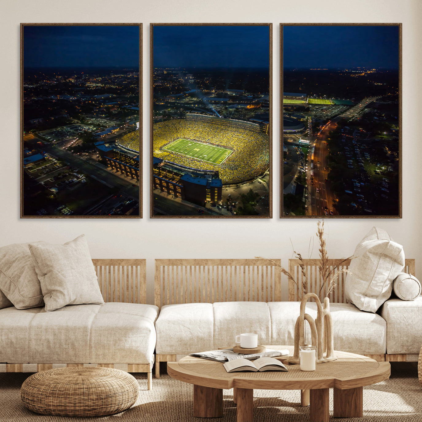 33588-MGV-FC-60X30-3P_Walnut-Michigan Stadium Night Game Wall Art – Sports Arena Aerial View Canvas Print, Framed, Ready to Hang