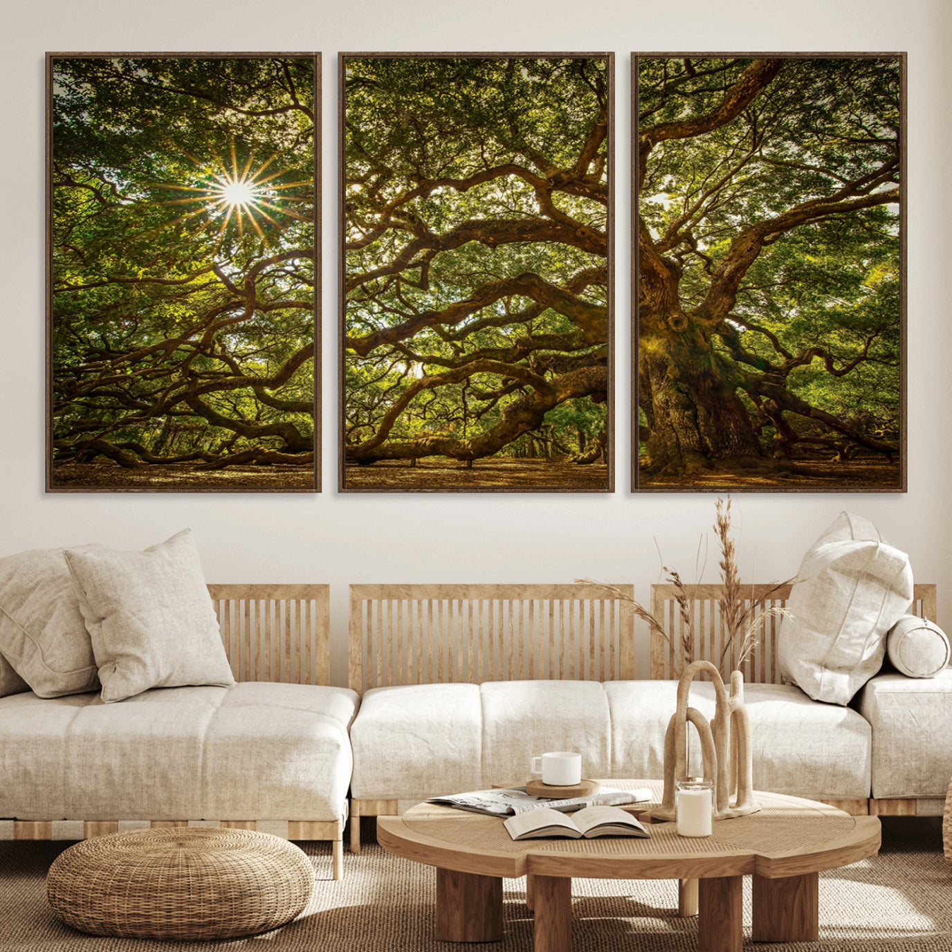 57983-MGV-FC-60X30-3P_Walnut-Ancient Angel Oak Tree Art Sunburst Canvas Print- Nature-Inspired Triptych Canvas Print, Framed,