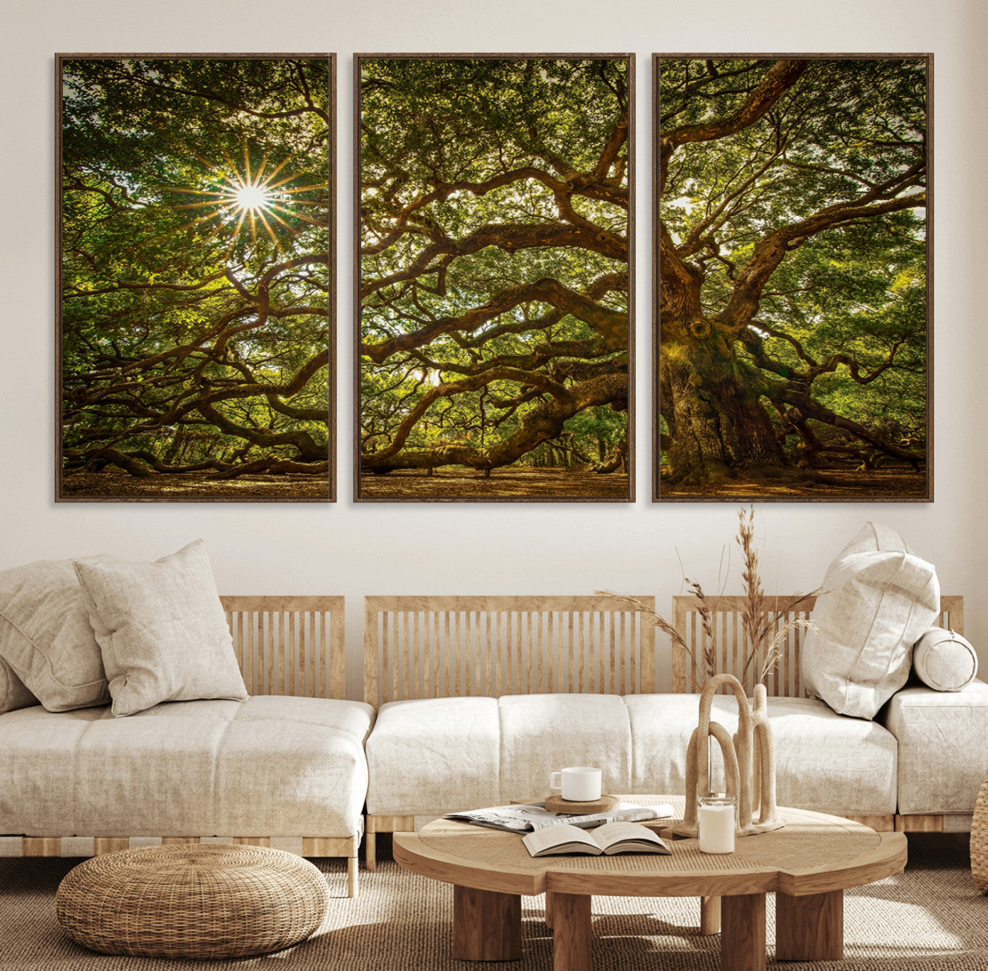 57983-MGV-FC-60X30-3P_Walnut-Ancient Angel Oak Tree Art Sunburst Canvas Print- Nature-Inspired Triptych Canvas Print, Framed,