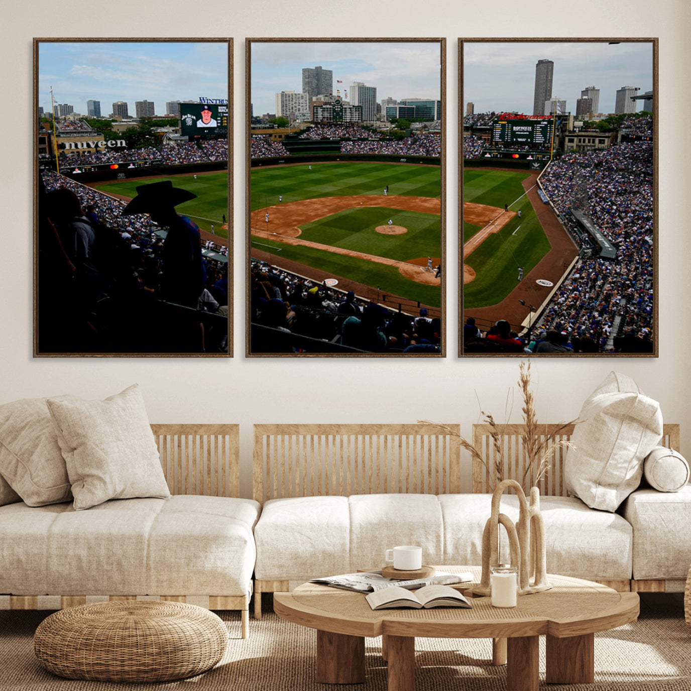 34859-MGV-FC-60X30-3P_Walnut-Chicago Cubs Baseball Team Print - Wrigley Field Stadium Wall Art Canvas Print
