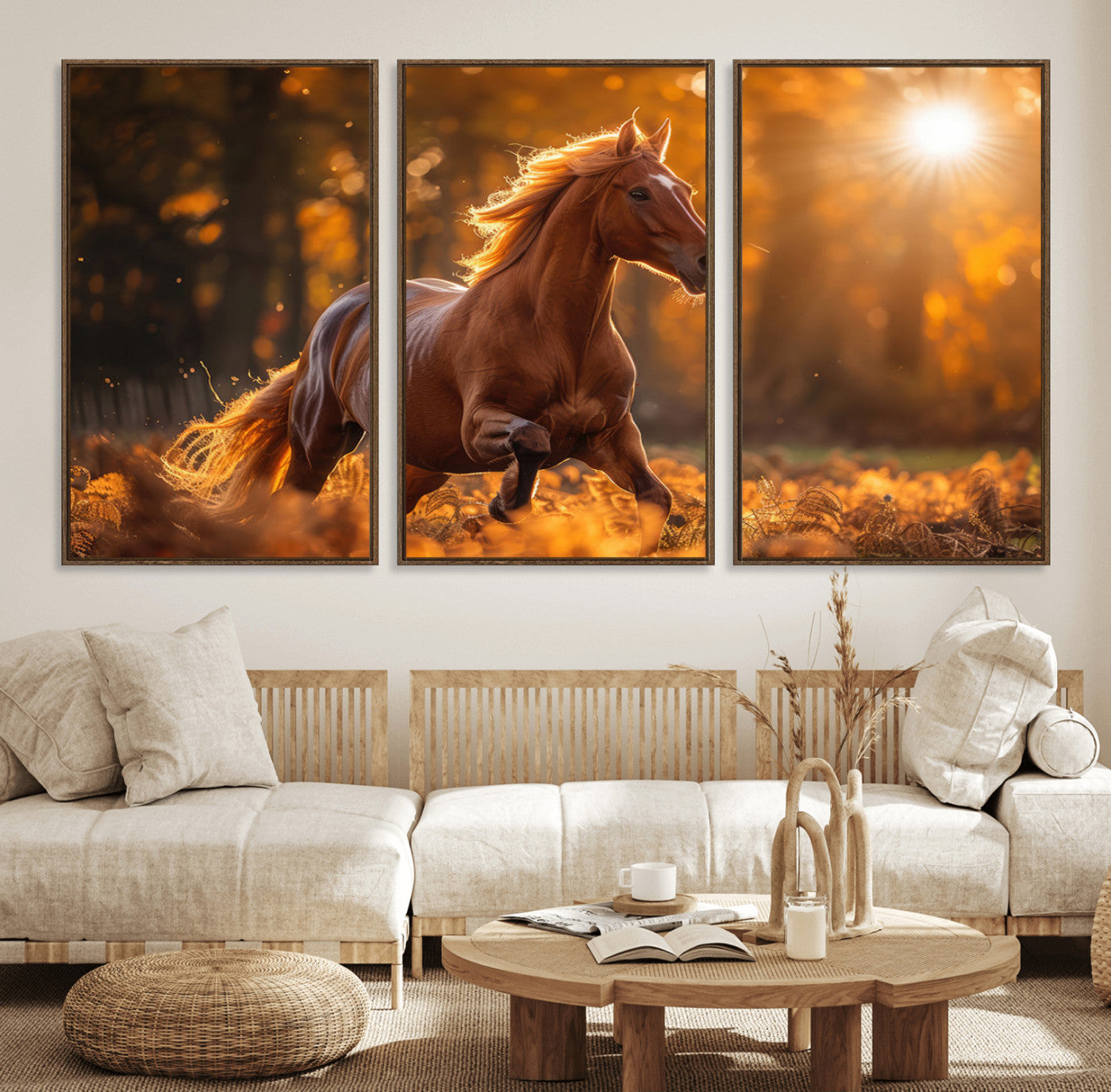 92144-MGV-FC-60X30-3P_Walnut-Running Horse Sunset Forest Wall Art Canvas Print