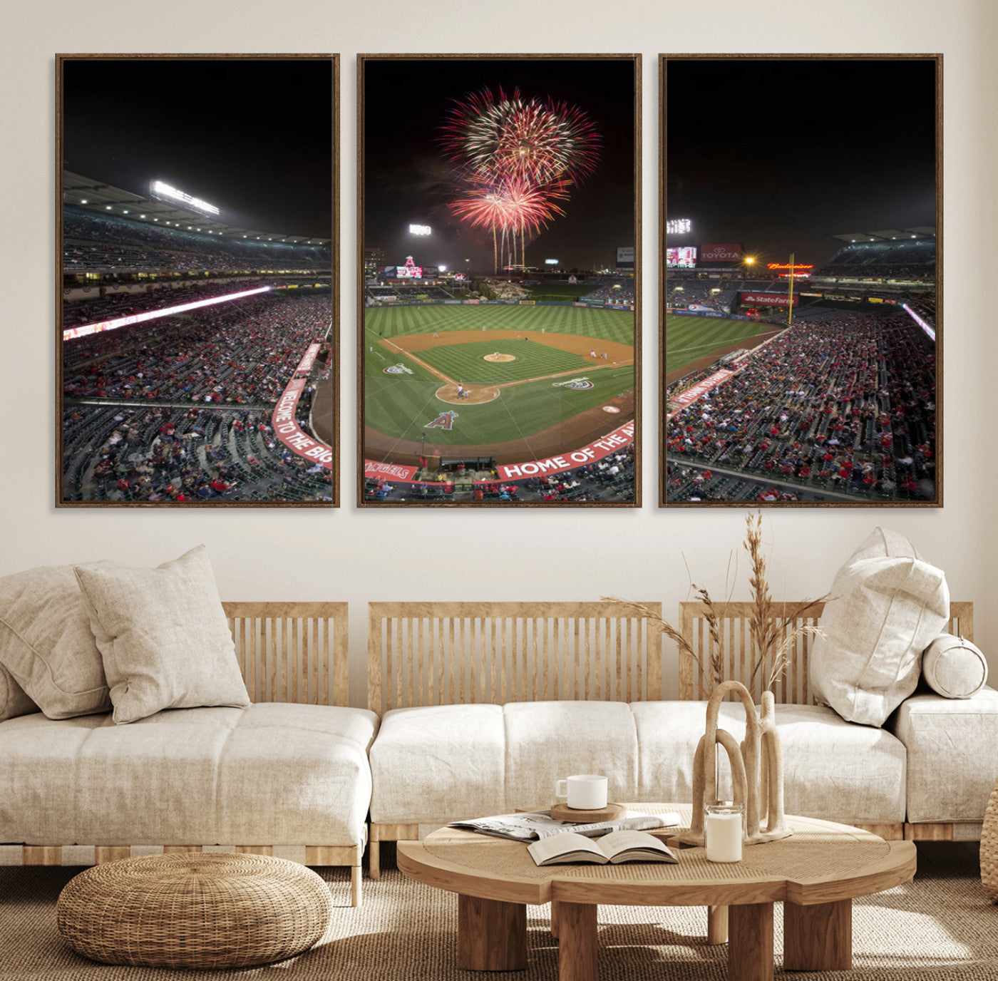 63592-MGV-FC-60X30-3P_Walnut-Fireworks at Angel Stadium – Los Angeles Angels Canvas Print, Framed Los Angeles Angels Wall Art