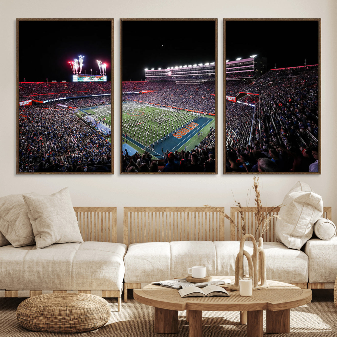 46899-MGV-FC-60X30-3P_Walnut-Ben Hill Griffin Stadium Night Game Triple Canvas Wall Art - Florida Gators Football Match