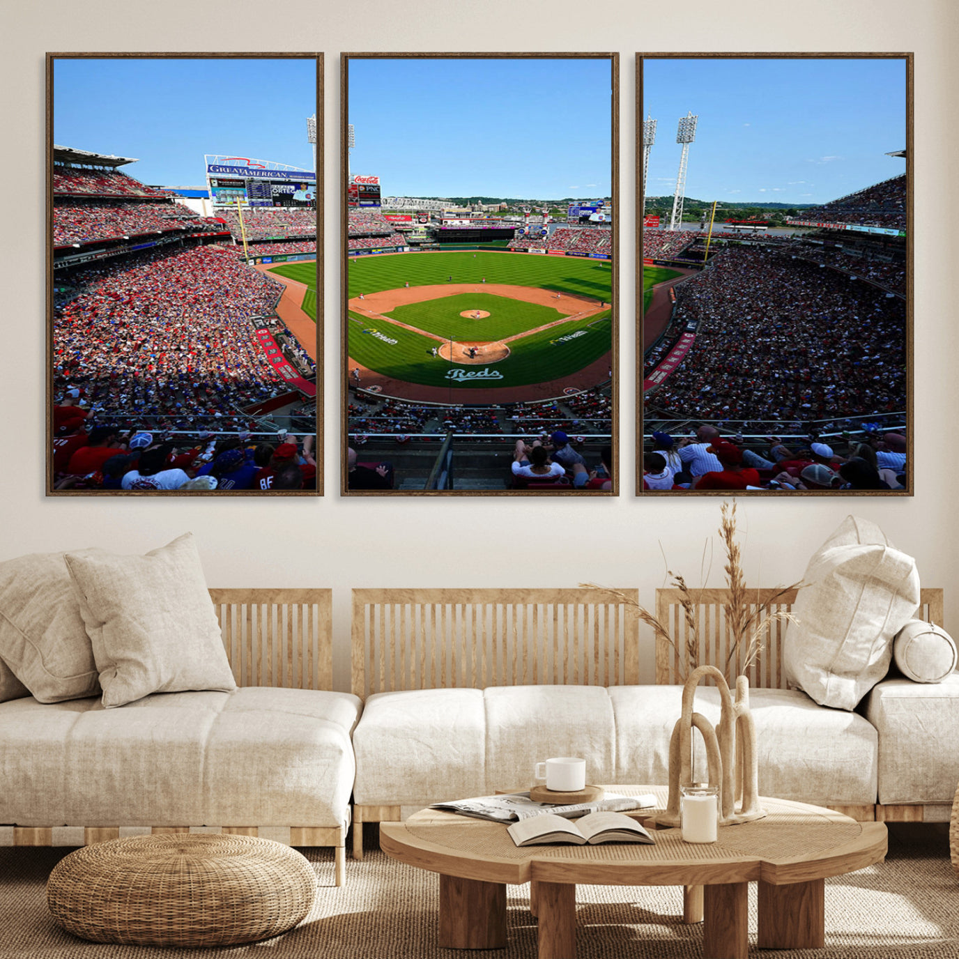 90998-MGV-FC-60X30-3P_Walnut-Cincinnati Reds Baseball Canvas Print - Great American Ball Park Stadium Wall Art Canvas Print