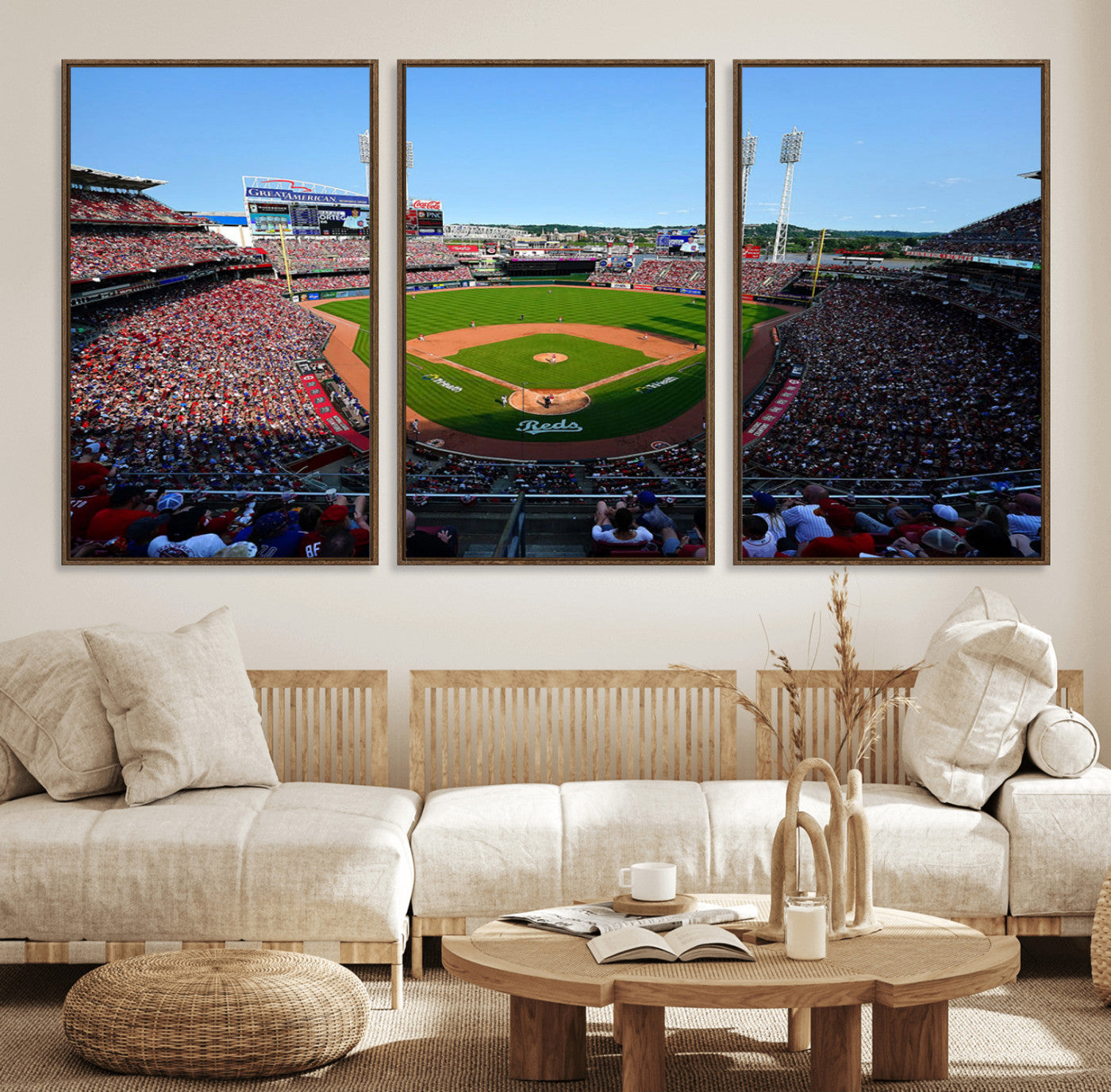 90998-MGV-FC-60X30-3P_Walnut-Cincinnati Reds Baseball Canvas Print - Great American Ball Park Stadium Wall Art Canvas Print