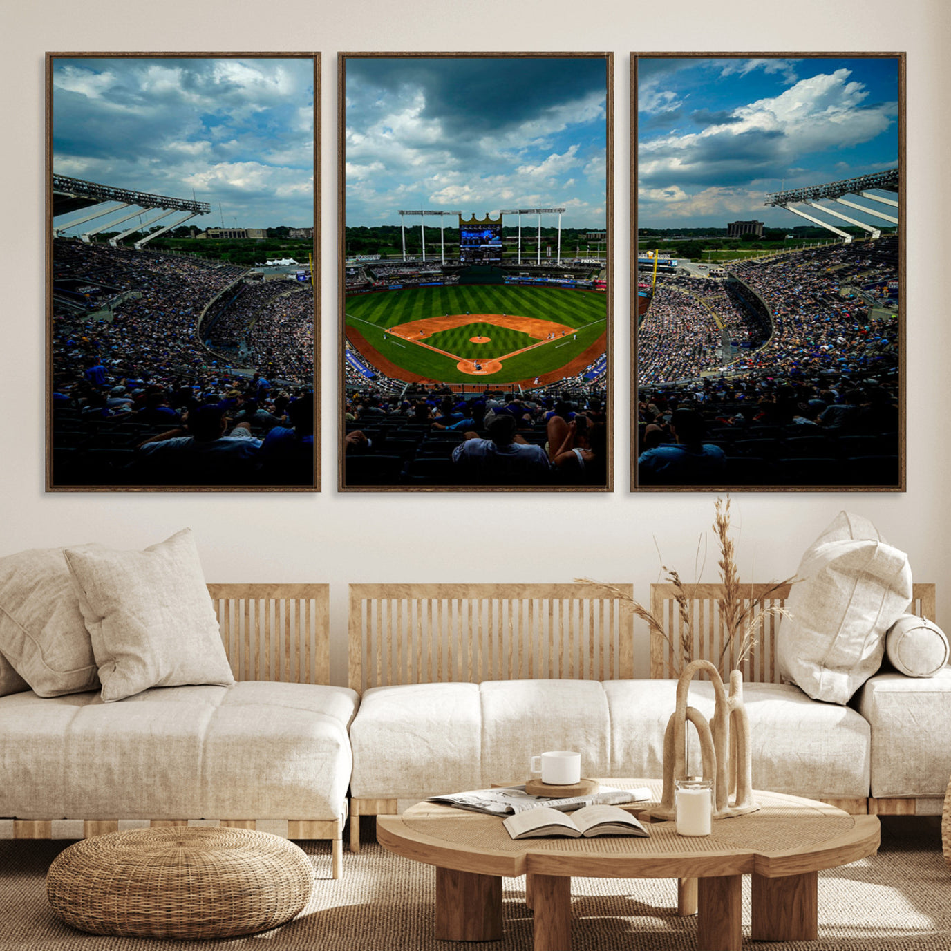 37127-MGV-FC-60X30-3P_Walnut-3-Panel Kauffman Stadium Wall Art Print | Large Kansas City Royals Baseball Canvas Print for Sports