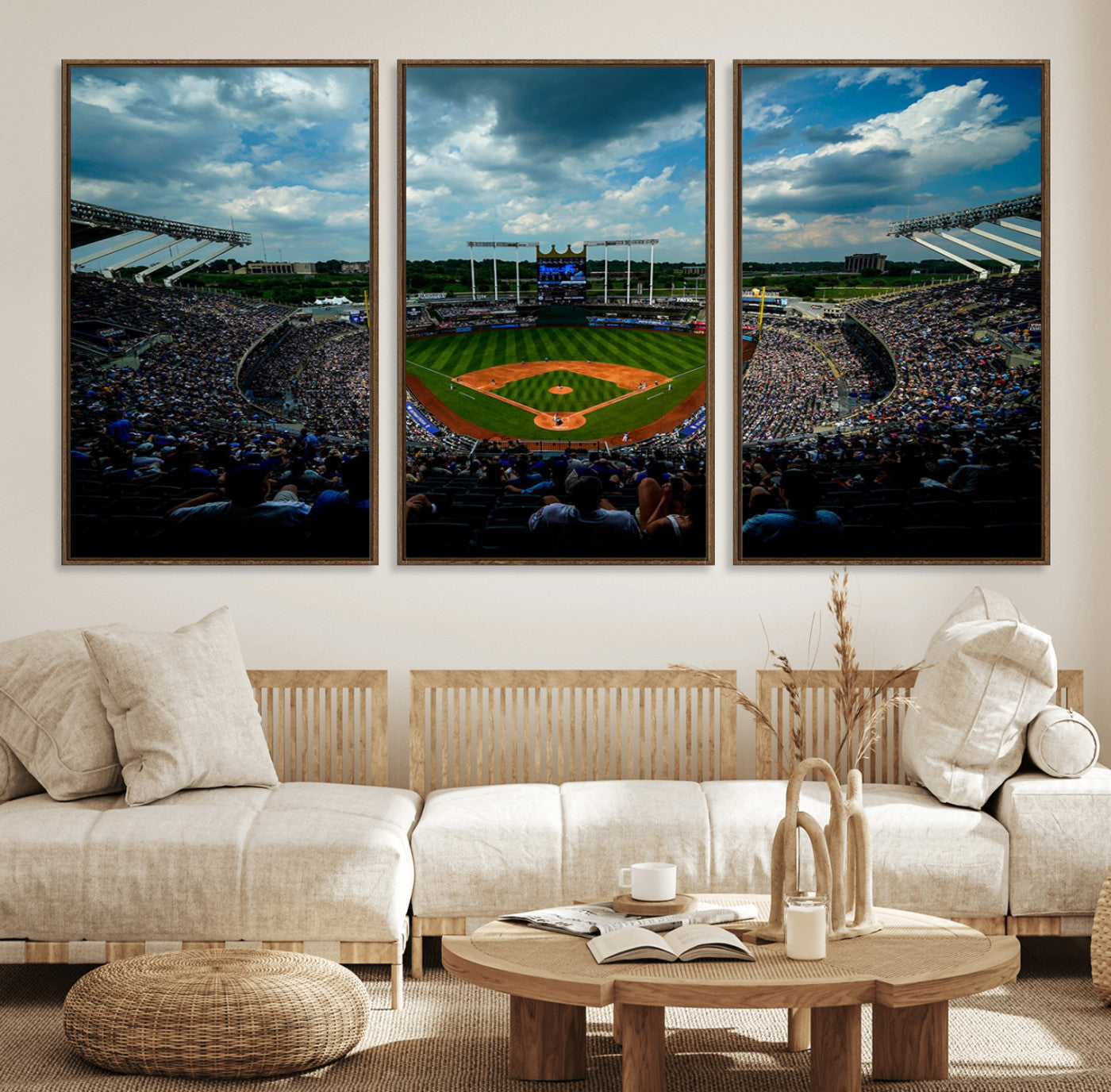 37127-MGV-FC-60X30-3P_Walnut-3-Panel Kauffman Stadium Wall Art Print | Large Kansas City Royals Baseball Canvas Print for Sports