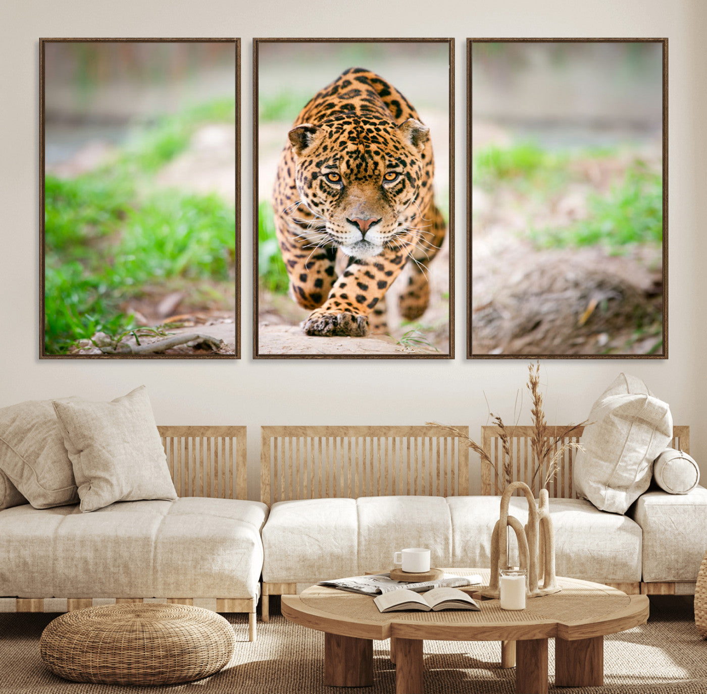 75066-MGV-FC-60X30-3P_Walnut-Leopard on the Prowl - Stunning Large Framed Leopard Wall Art Canvas Wall Art for Living Room,