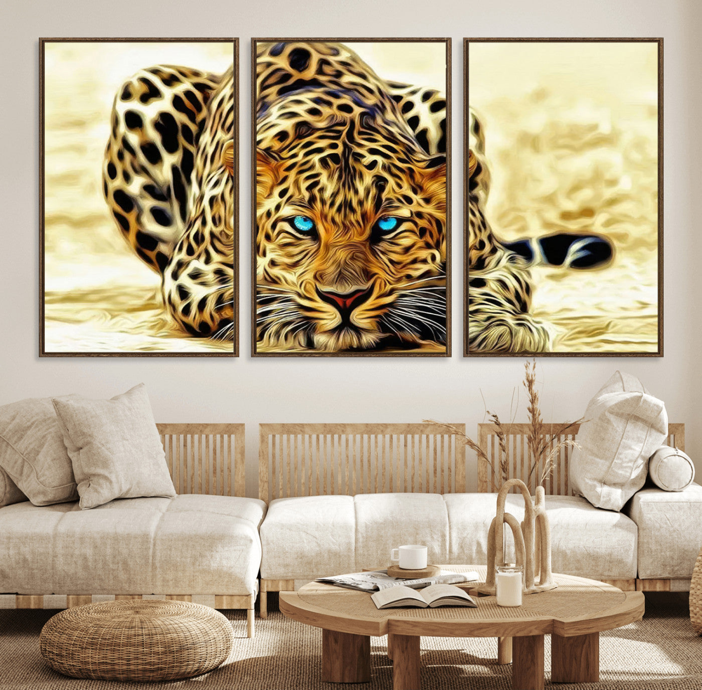 45281-MGV-FC-60X30-3P_Walnut-Blue-Eyed Leopard Canvas Wall Art - Framed Animal Print Ready to Hang - Fierce and Bold Decor for