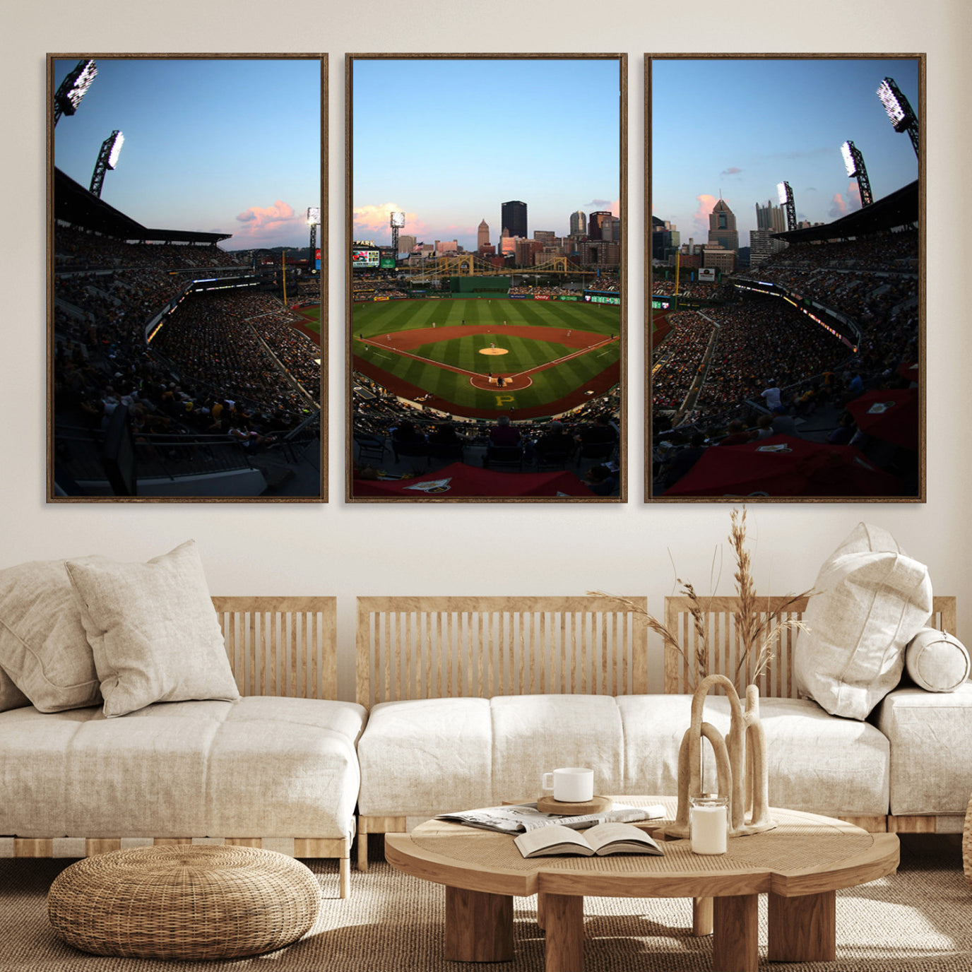 67670-MGV-FC-60X30-3P_Walnut-PNC Park Evening Game Triple Canvas Wall Art - Pittsburgh Pirates MLB Match - PNC Park Stadium Wall