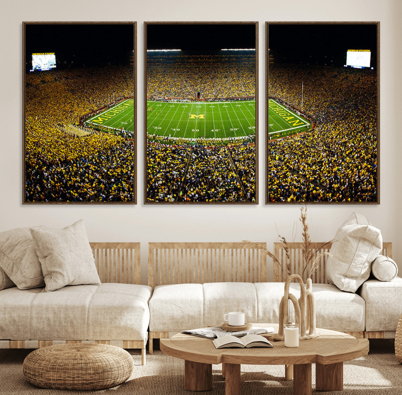 26166-MGV-FC-60X30-3P_Walnut-Stadium in Michigan Wall Art Canvas Print, Framed American Football Stadium Art Picture Print,