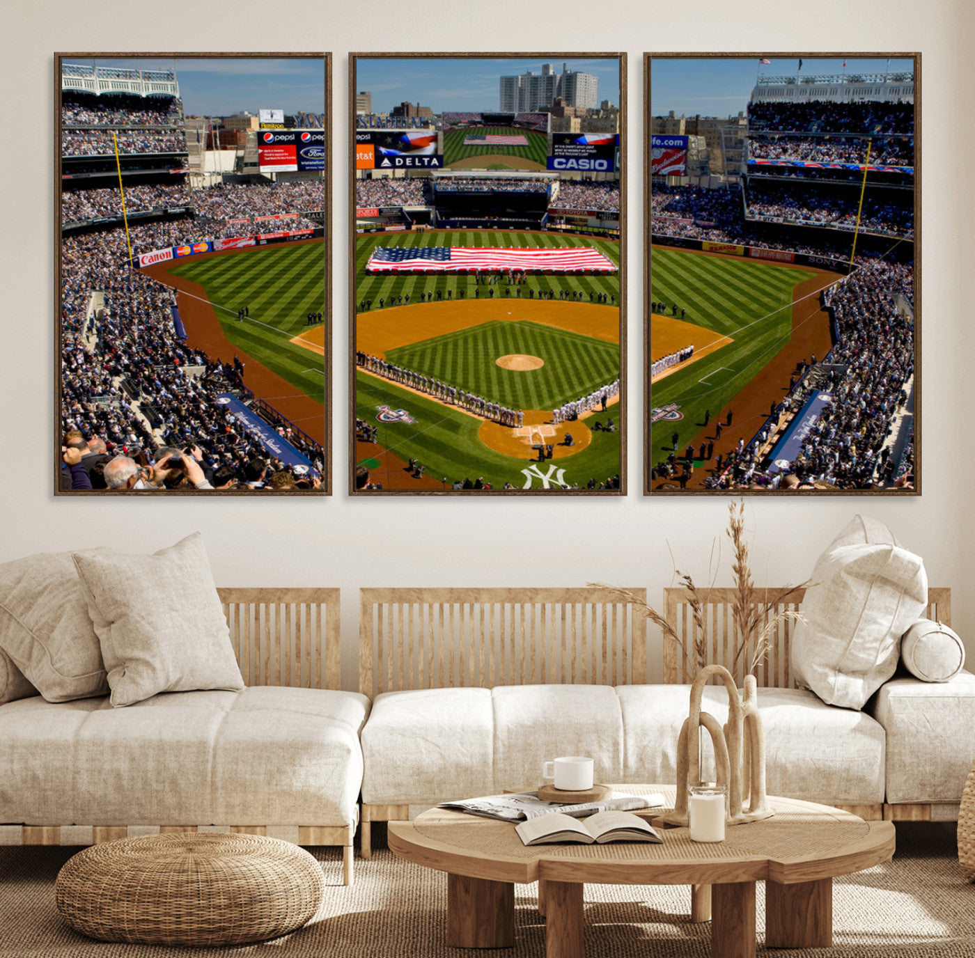 20879-MGV-FC-60X30-3P_Walnut-Yankee Stadium New York Wall Art Print | 3-Panel Canvas Print of Yankees Baseball Stadium | Large