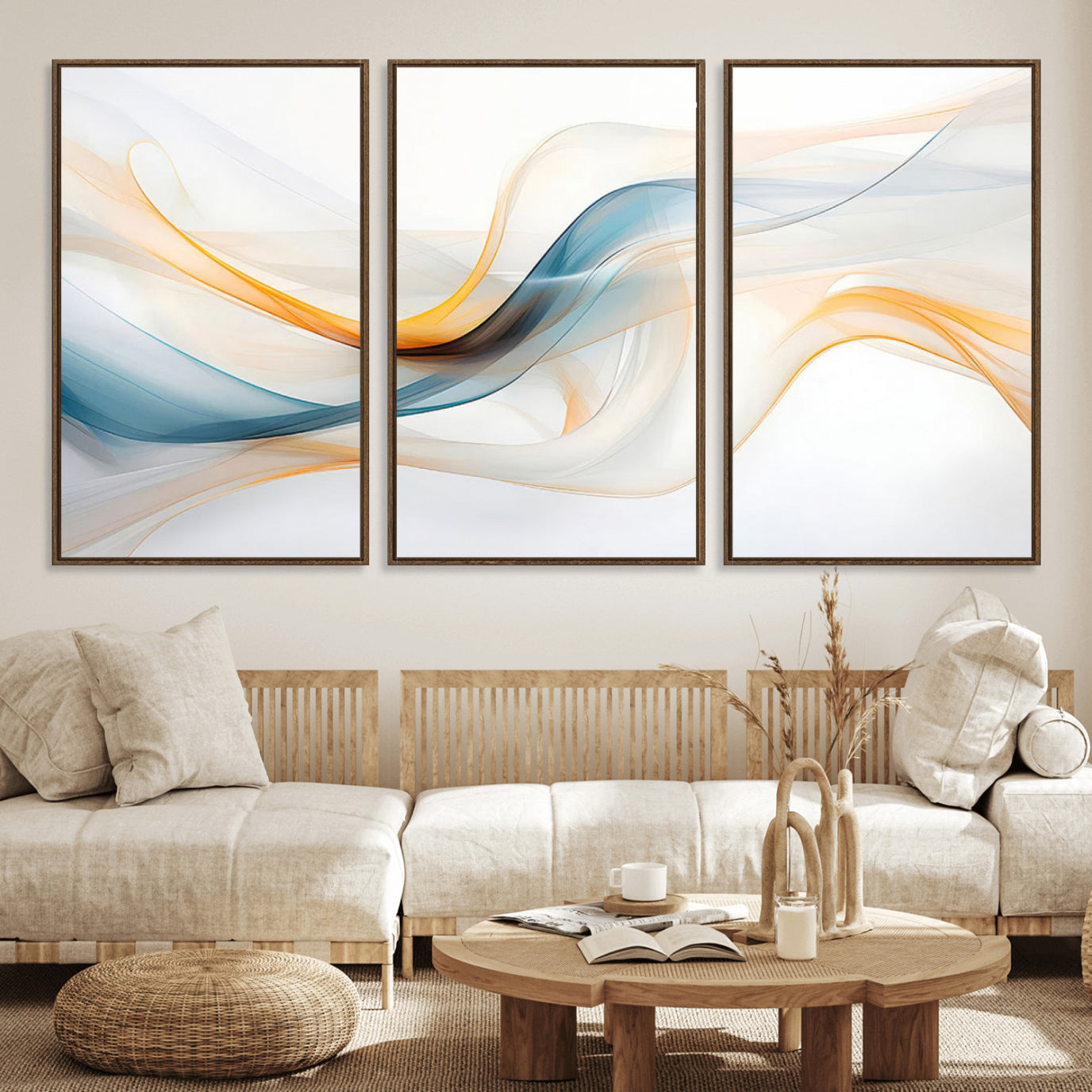 60881-MGV-FC-60X30-3P_Walnut-Decorative Turquoise Abstract Wave Wall Art Canvas Print