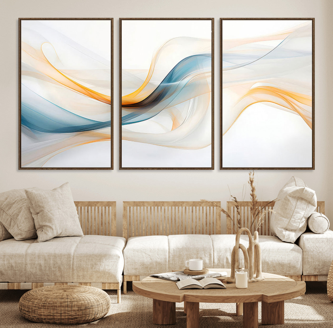 60881-MGV-FC-60X30-3P_Walnut-Decorative Turquoise Abstract Wave Wall Art Canvas Print