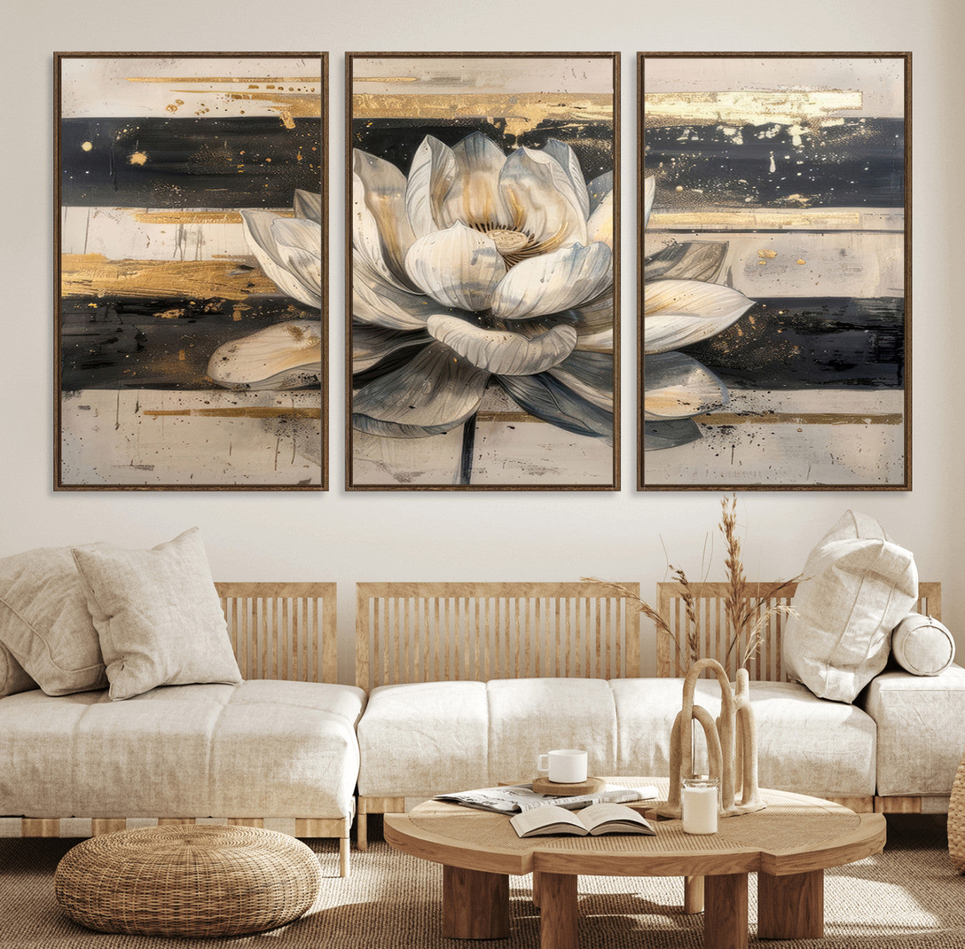 MGV-FC-60X30-3P - Lotus Flower Wall Art Canvas Print, Framed Abstract Lotus Art Picture Print, White Lotus Flower Perfect Abstract Floral Decor Artwork