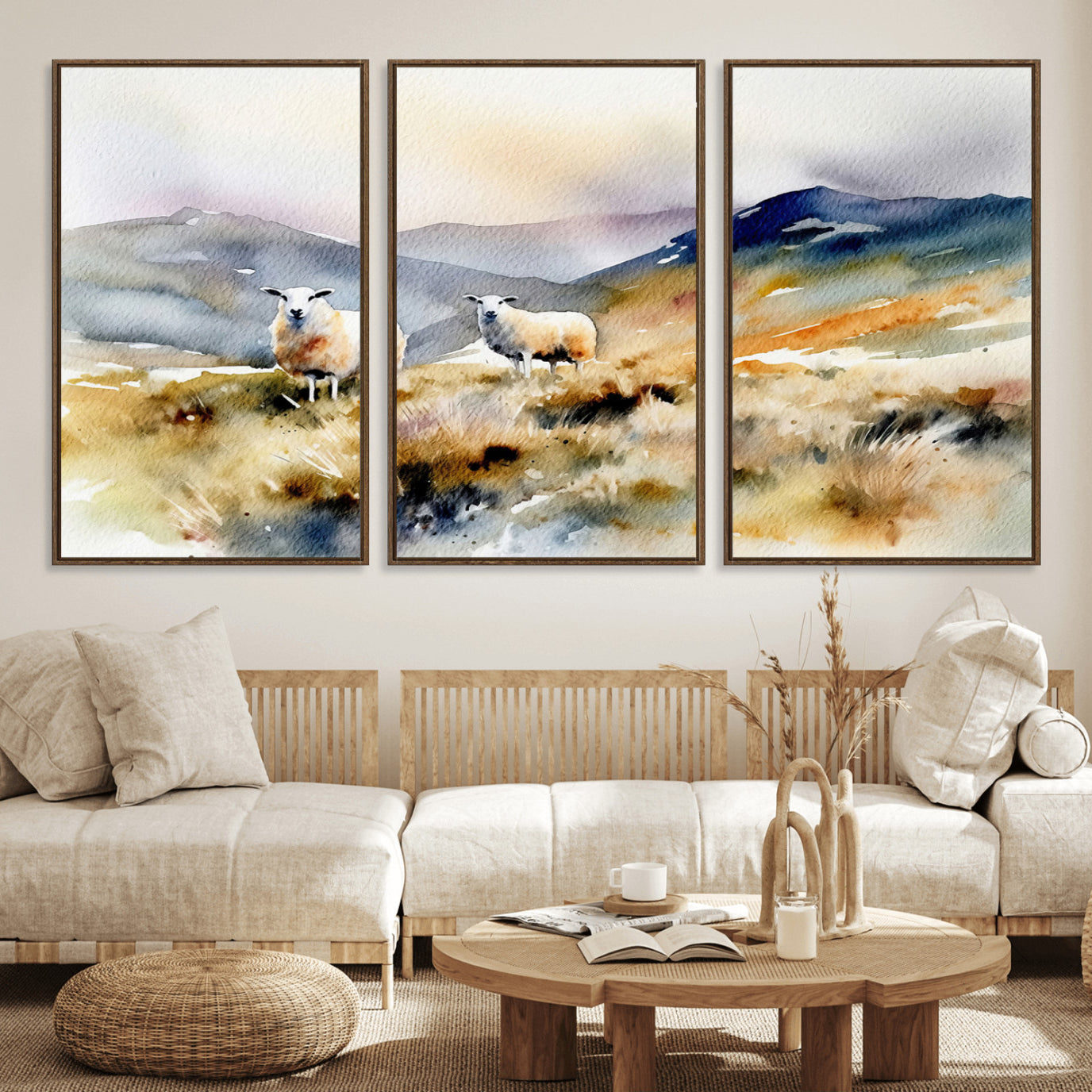58145-MGV-FC-60X30-3P_Walnut-Watercolor Sheep for Farmhouse Decor Wall Art Canvas Print, Mountain Wall Art Print