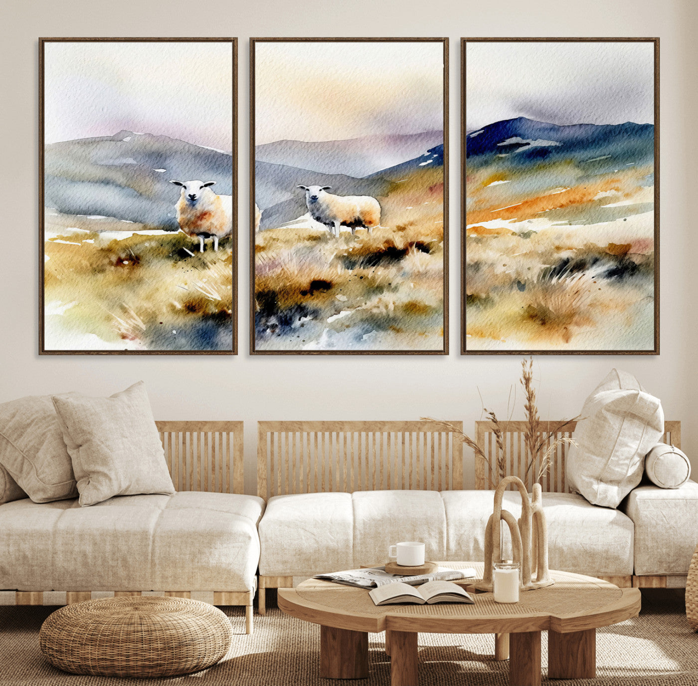58145-MGV-FC-60X30-3P_Walnut-Watercolor Sheep for Farmhouse Decor Wall Art Canvas Print, Mountain Wall Art Print