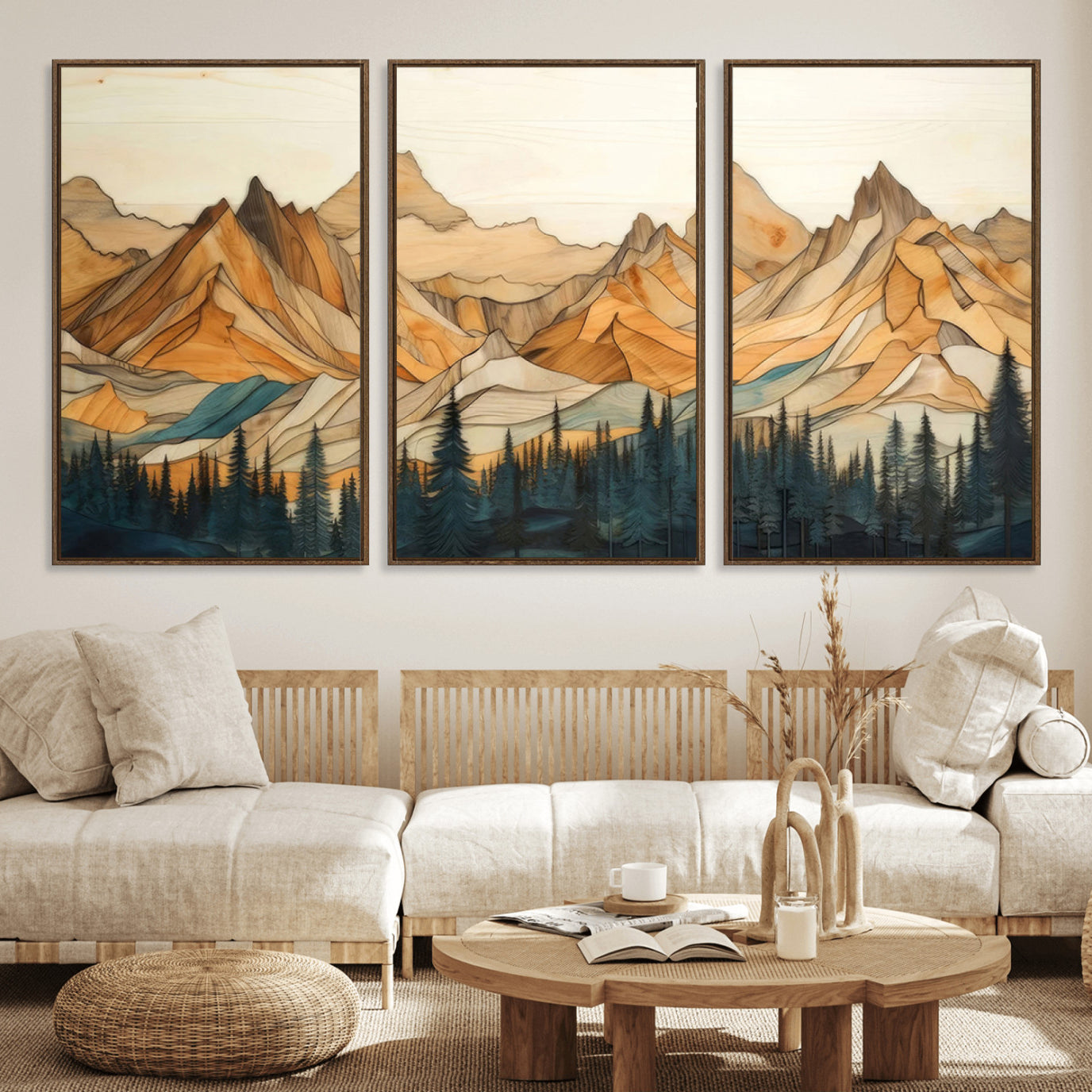 31576-MGV-FC-60X30-3P_Walnut-Rustic Wood Mountain Wall Art Print | Triptych Giclee Print Featuring Handcrafted Forest and