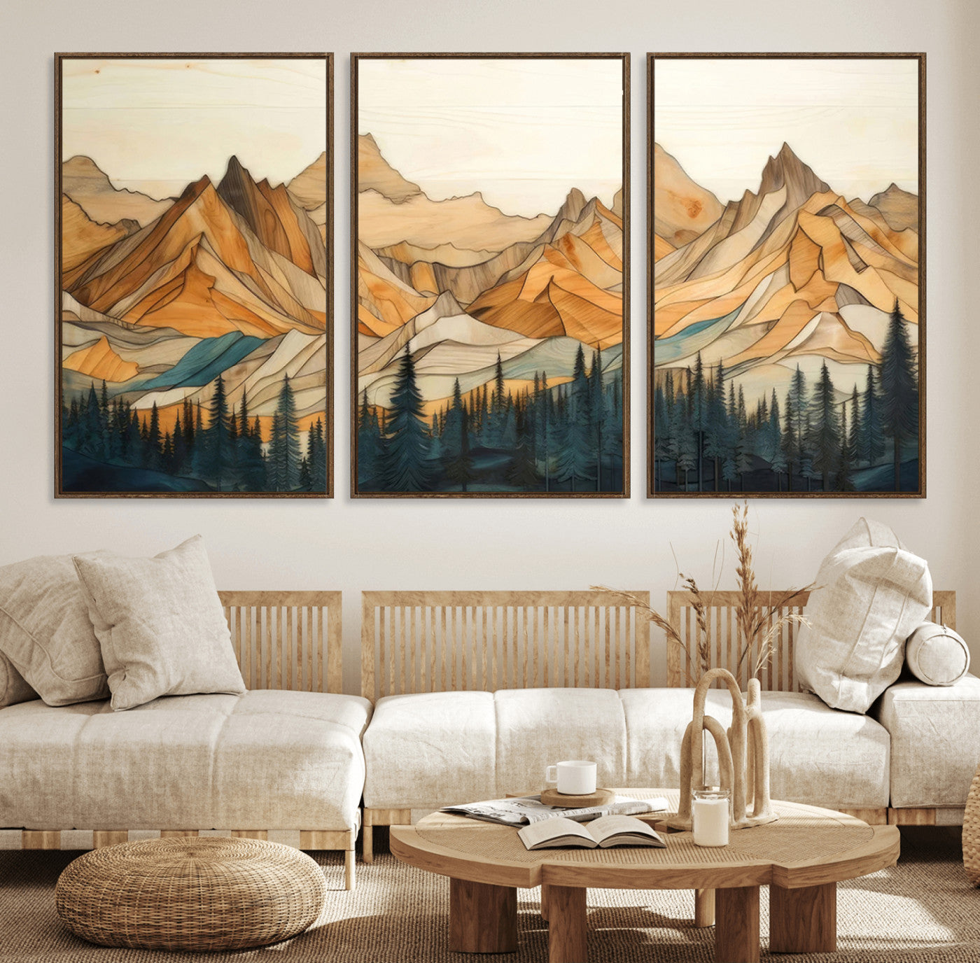 31576-MGV-FC-60X30-3P_Walnut-Rustic Wood Mountain Wall Art Print | Triptych Giclee Print Featuring Handcrafted Forest and