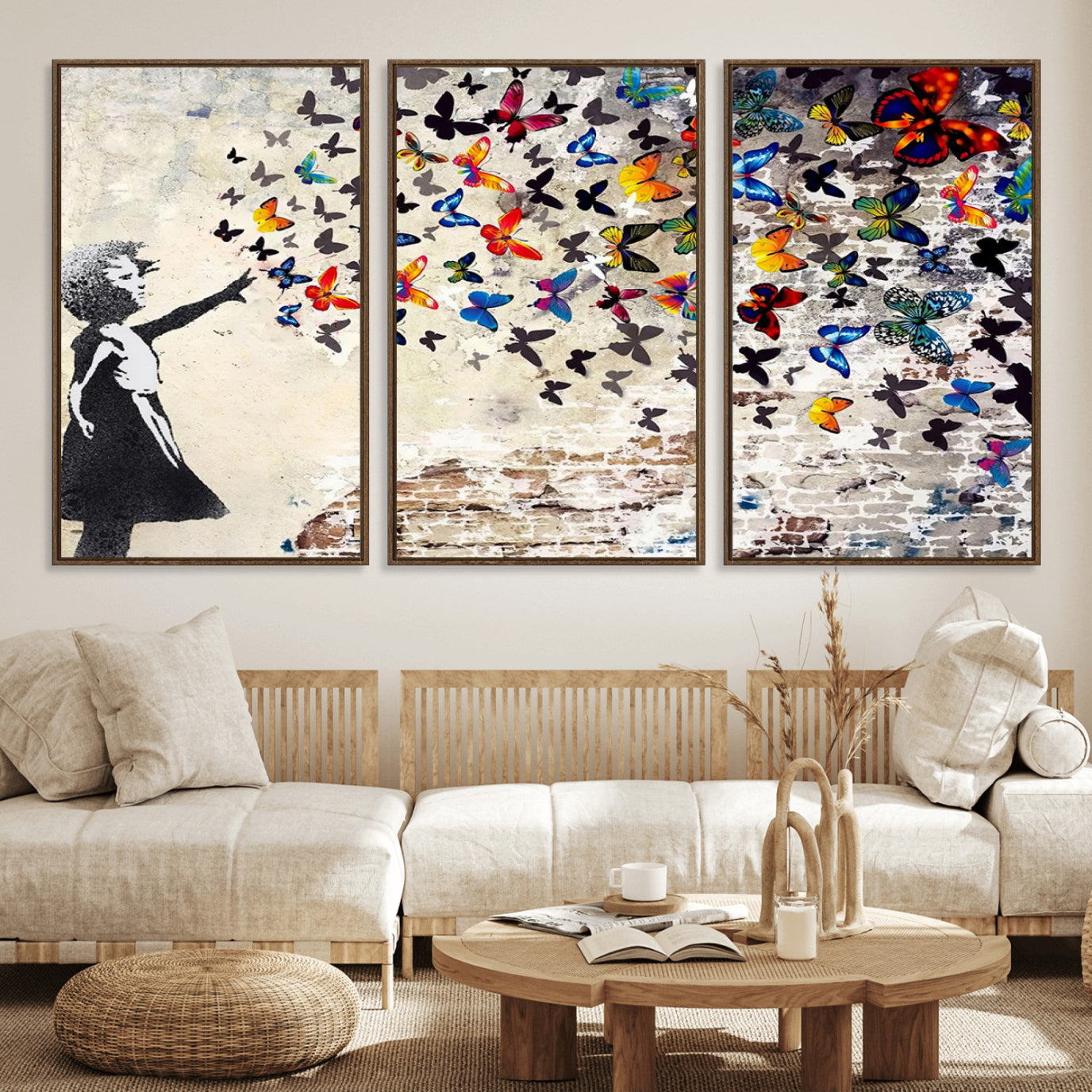 97895-MGV-FC-60X30-3P_Walnut-Banksy Graffiti Wall Art Canvas Print: Girl Releasing Vibrant Butterflies – Ready to Hang