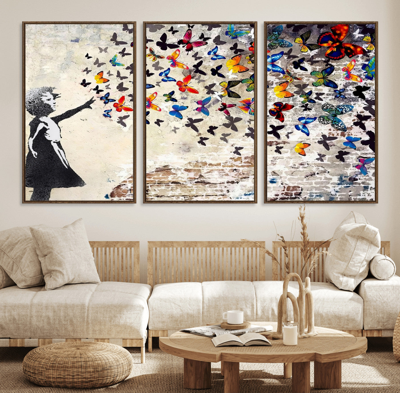 97895-MGV-FC-60X30-3P_Walnut-Banksy Graffiti Wall Art Canvas Print: Girl Releasing Vibrant Butterflies – Ready to Hang