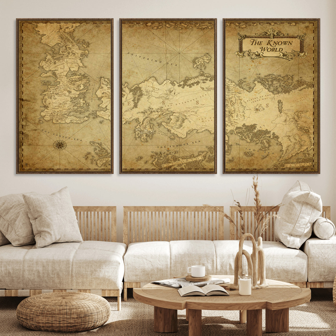 84658-MGV-FC-60X30-3P_Walnut-Vintage Game of Thrones Map Wall Art | Westeros and Essos Antique Style Print | The Known World in