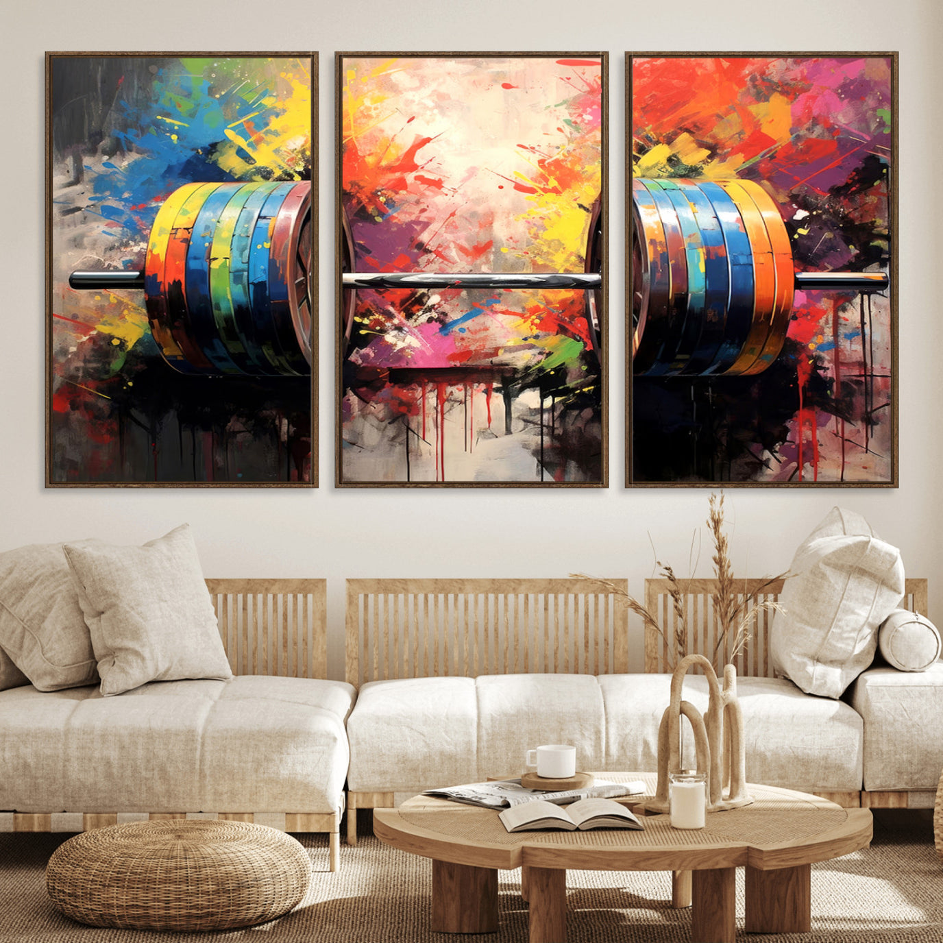 80436-MGV-CV-36X24-Weightlifting Barbell Art Triptych, Bold Abstract Fitness Wall Decor for Gym or Home, Giclee Canvas