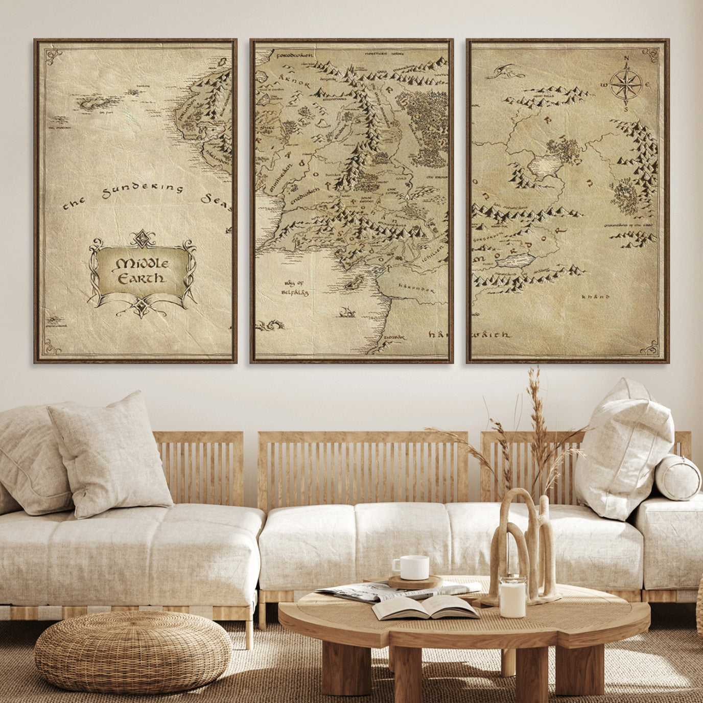 21784-MGV-FC-60X30-3P_Walnut-Lord Of The Rings Middle Earth Map Canvas Wall Art Print, Vintage Style Lord of the Rings Wall Art