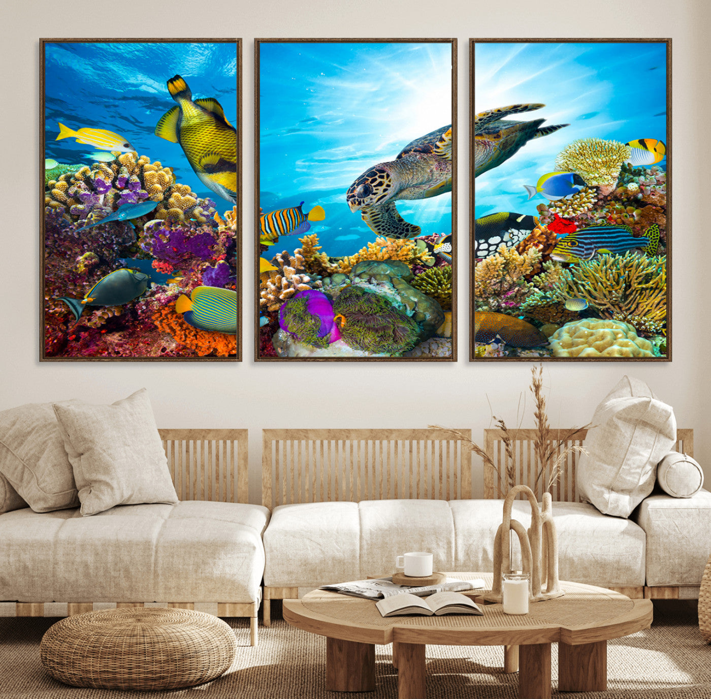44772-MGV-FC-60X30-3P_Walnut-Colorful Coral Reef and Sea Life Turtle Canvas Print, Underwater Tropical Ocean Wall Art for Home