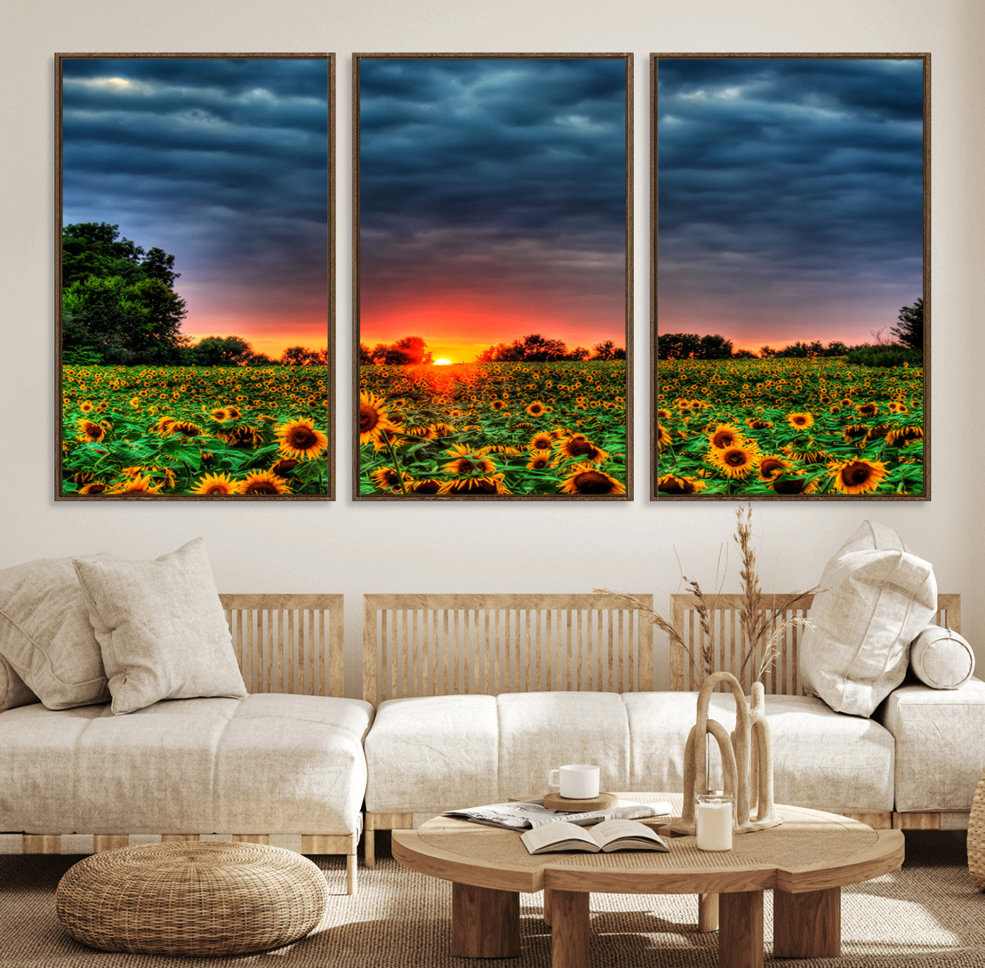 -Golden Sunflower Field at Sunset – Breathtaking Sky and Vibrant Flowers, Ready to Hang Wall Art