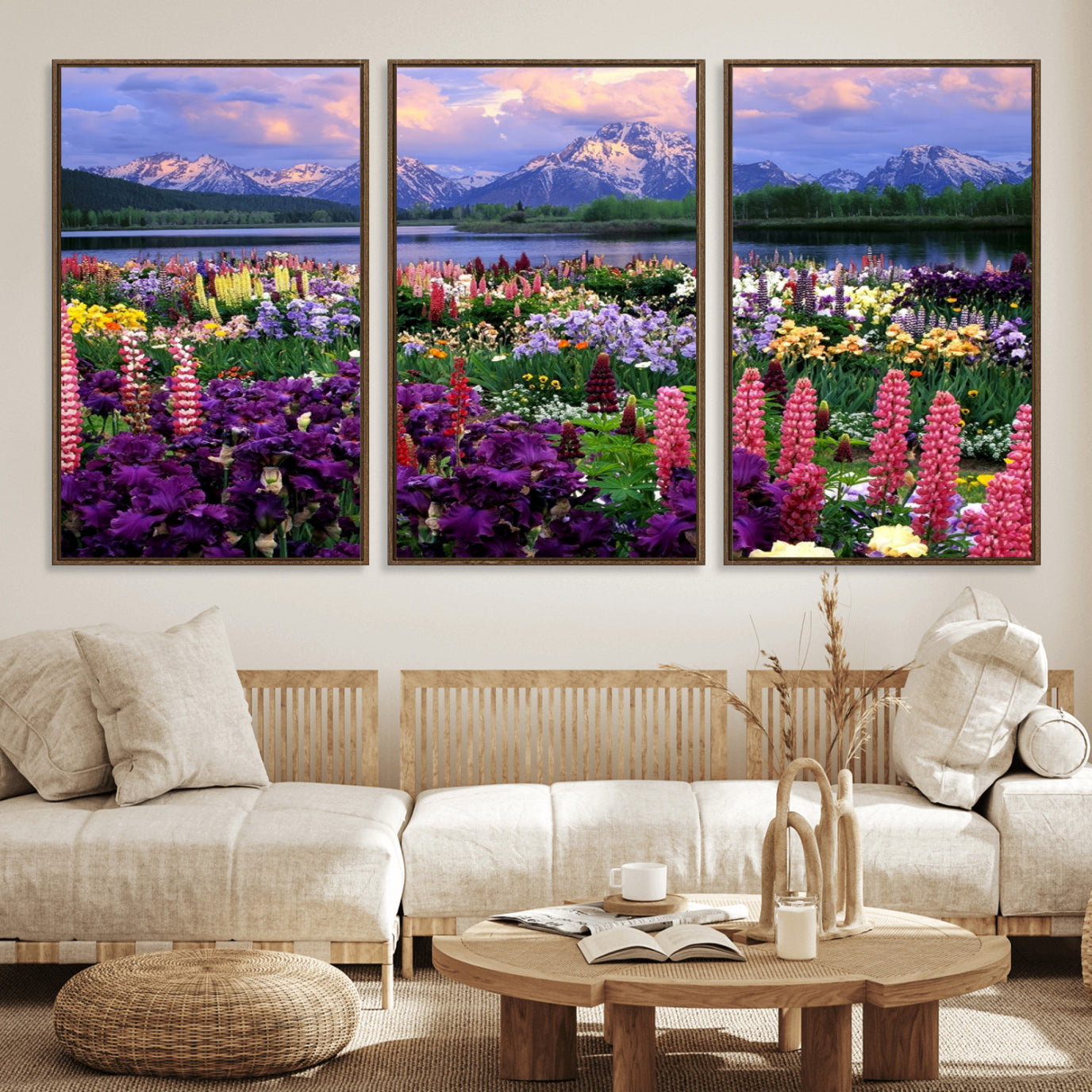 82270-MGV-FC-60X30-3P_Walnut-Vibrant Wildflower Garden and Mountain View Giclee Canvas Print | Floral Wall Art for Living Room