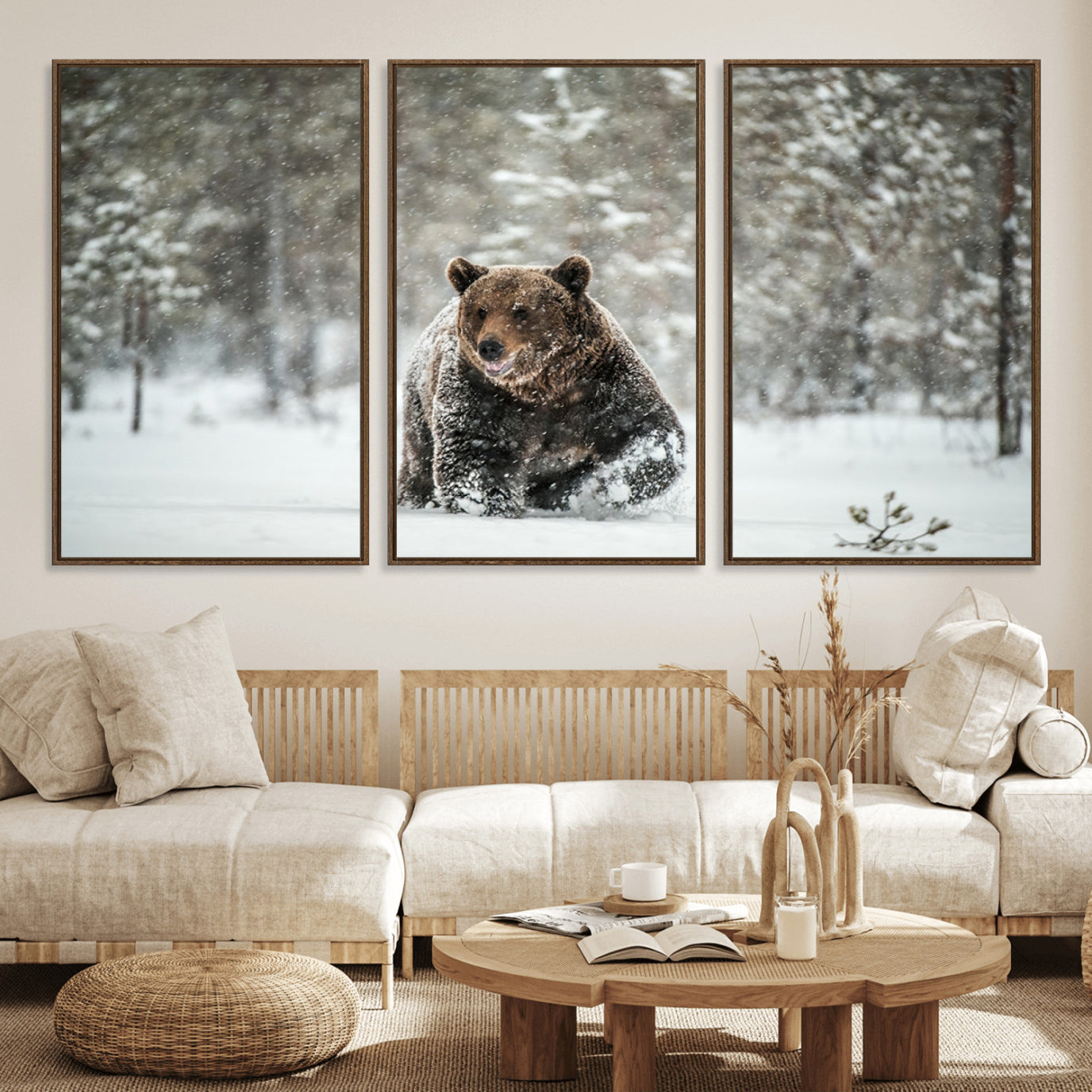 MGV-FC-60X30-3P - Wall Art Canvas Print – Grizzly Bear in Snowy Forest Powerful Presence Snowy Wilderness Wild Beauty