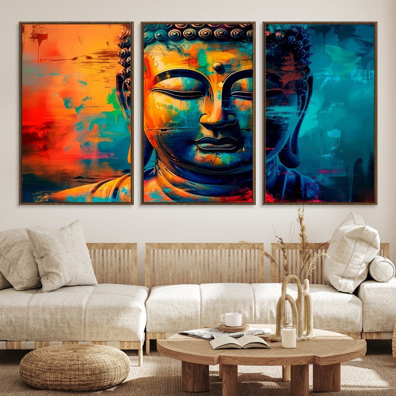 A vibrant, abstract artistic rendition of a Buddha statue face, blending bold and contrasting colors to evoke a sense of peace, spirituality, and enlightenment.