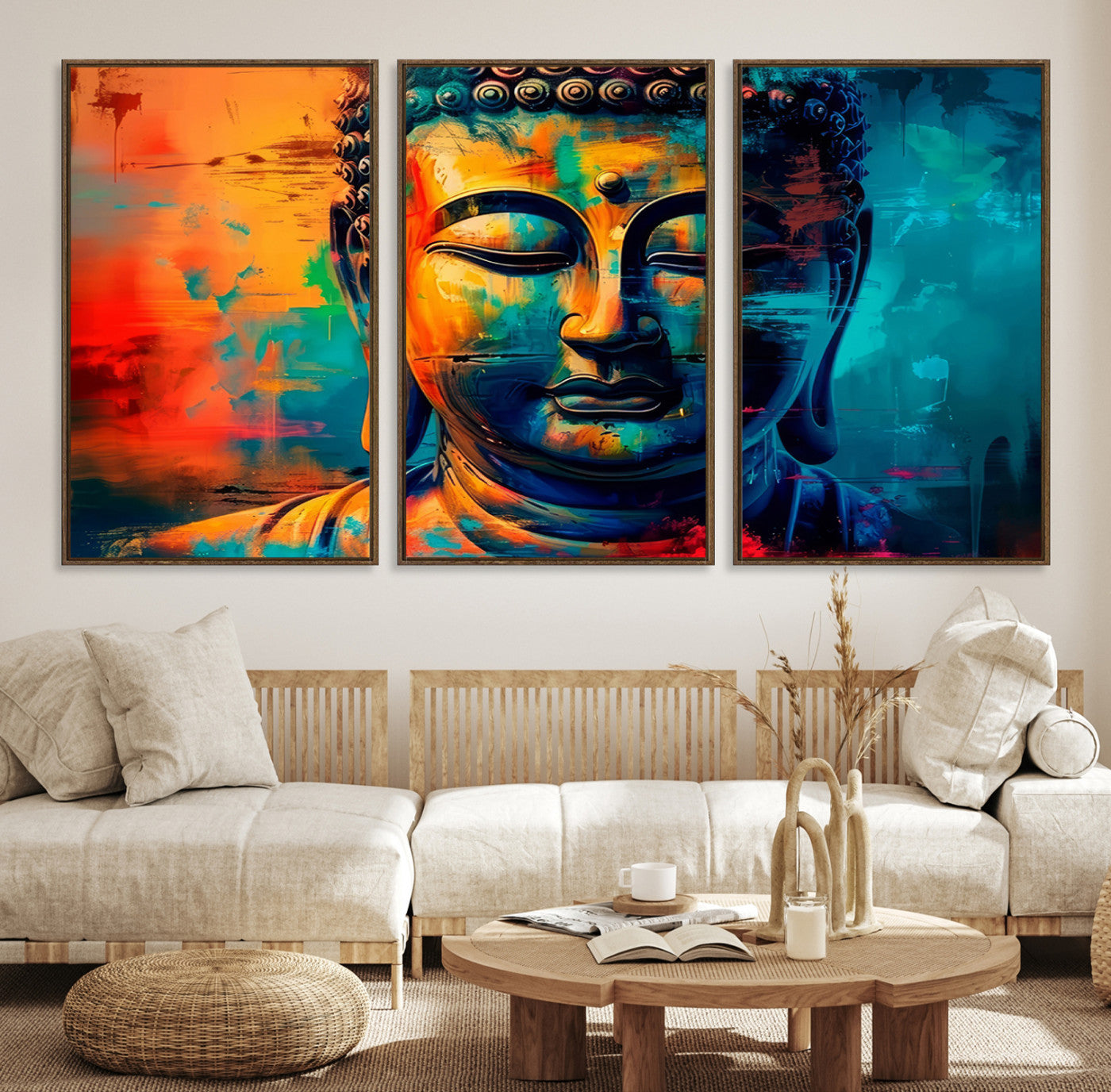 48759-MGV-CV-48X32-3P-Colorful Buddha Wall Art – Framed Abstract Portrait Canvas Artwork, Vibrant Spiritual Design, Modern Zen Decor for Home, Office