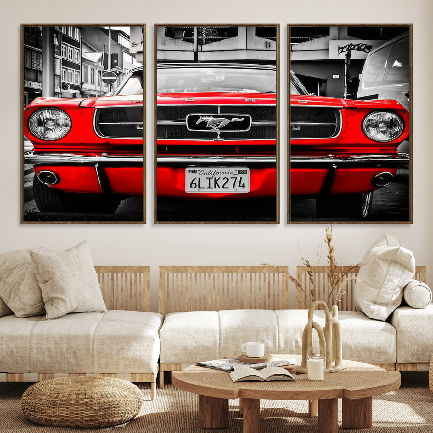 20365-MGV-CV-48X32-3P-Red Mustang Car Wall Art – Framed Classic Vehicle Canvas Artwork, Black White Urban Design, Decor for Home, Office