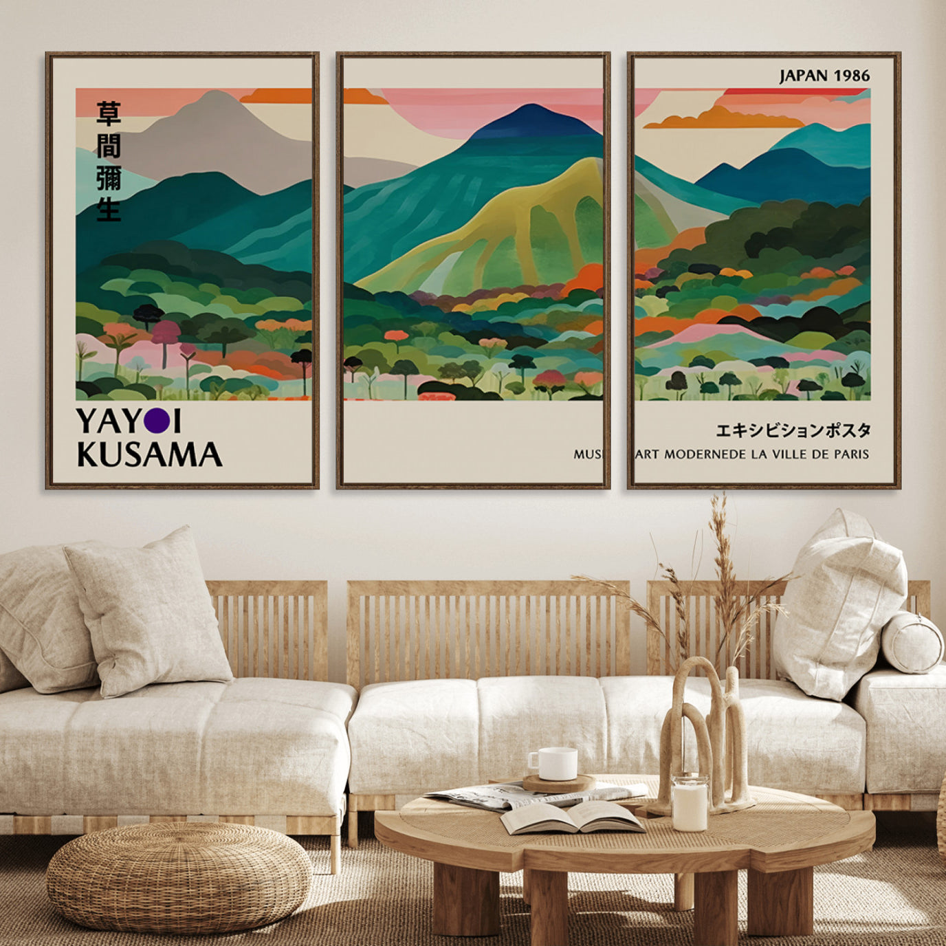 42589-MGV-FC-60X30-3P_Walnut-Yayoi Kusama Wall Art, Yayoi Wall Art Canvas, Vibrant Mountain Landscape Canvas Print with Bold