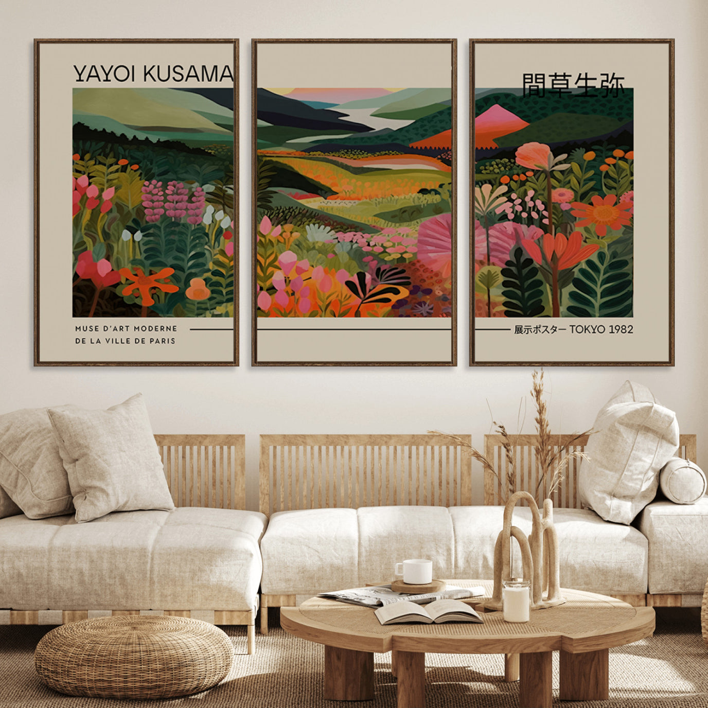 69187-MGV-FC-60X30-3P_Walnut-Yayoi Kusama Landscape Canvas Print, Vibrant Floral Mountain Art Print, Botanical Flower Nature