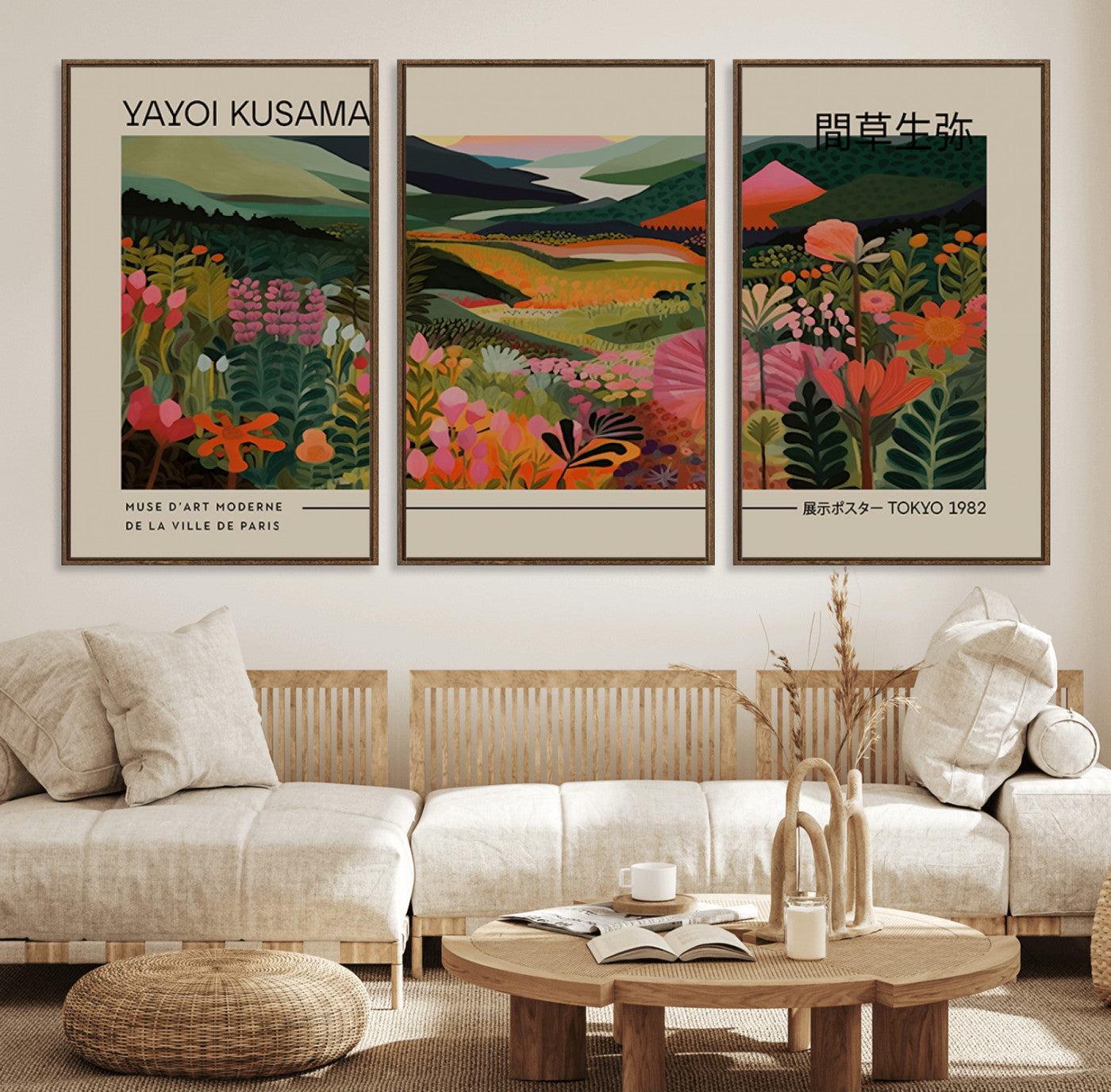 69187-MGV-FC-60X30-3P_Walnut-Yayoi Kusama Landscape Canvas Print, Vibrant Floral Mountain Art Print, Botanical Flower Nature