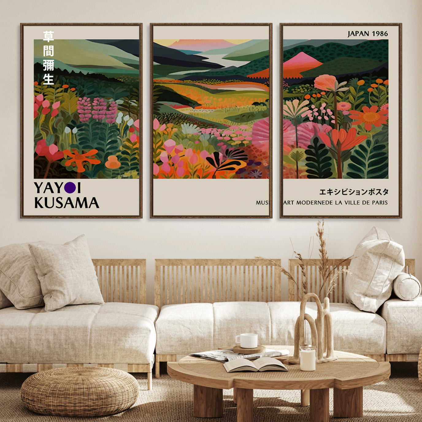 75719-MGV-FC-60X30-3P_Walnut-Yayoi Kusama Abstract Print, Vibrant Floral Mountain Art Print, Botanical Flower Nature Decor,