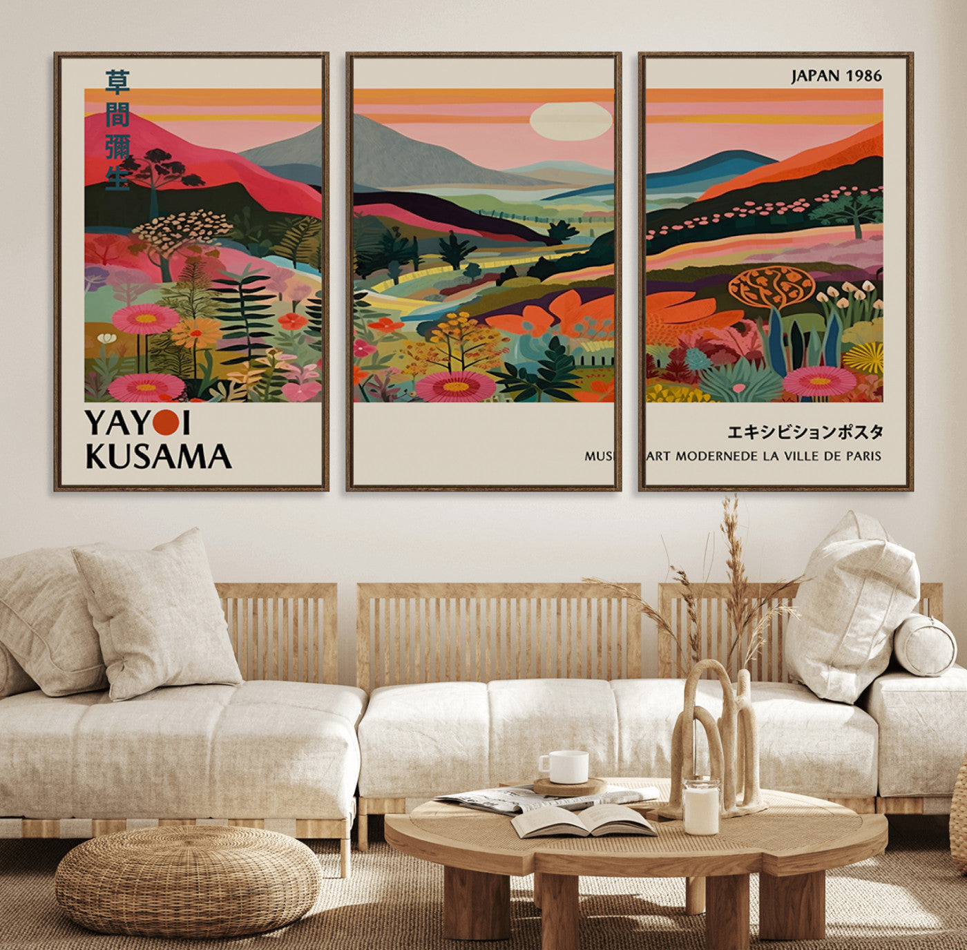 87360-MGV-FC-93X47-3P_Black-Yayoi Kusama Landscape Canvas Print, Vibrant Floral Mountain Art Print, Botanical Flower Nature