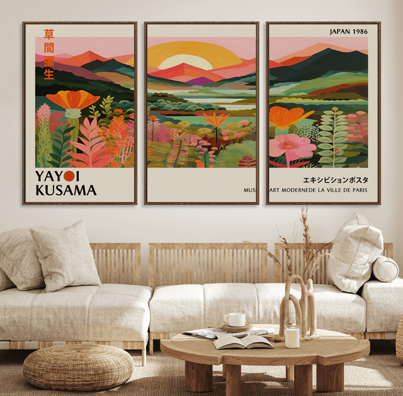 15153-MGV-FC-60X30-3P_Walnut-Framed Yayoi Kusama Print, Vibrant Floral Mountain Art Print, Botanical Flower Nature Decor, Sunset