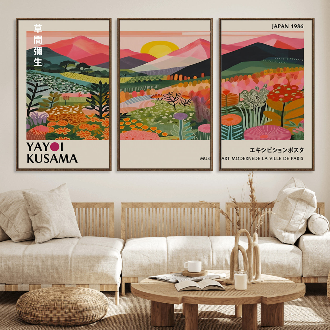 30051-MGV-FC-60X30-3P_Walnut-Yayoi Kusama Landscape Canvas Print, Vibrant Floral Mountain Art Print, Framed Botanical Wall Art -