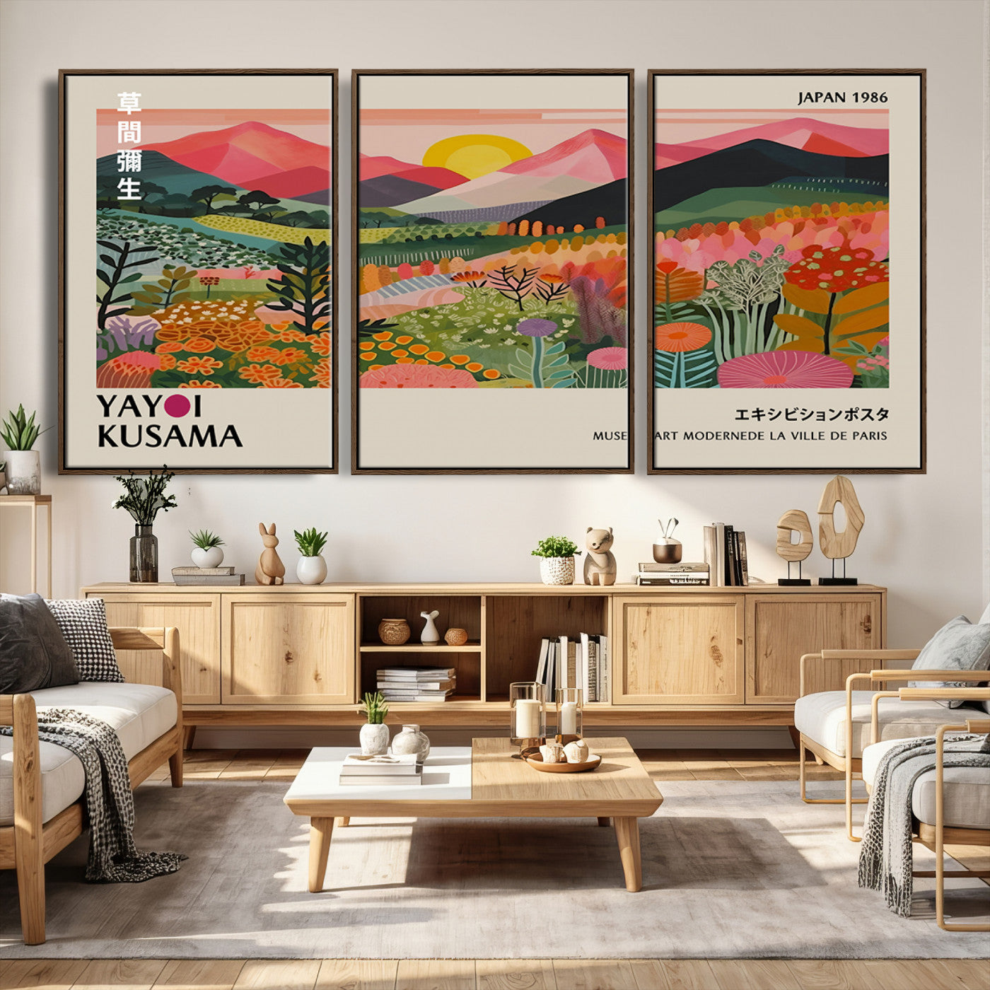 30051-MGV-CV-36X24 - Yayoi Kusama Landscape Canvas Print, Vibrant Floral Mountain Art Print, Framed Botanical Wall Art